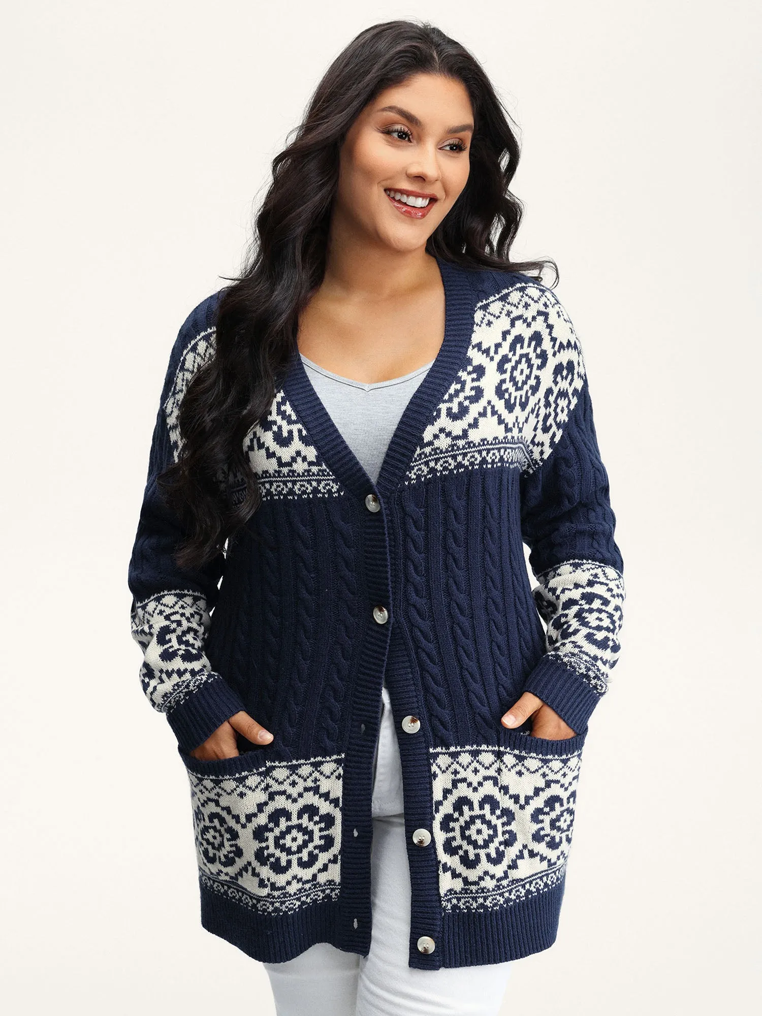 Cable Knit Floral Jacquard Pockets Knit Cardigan sold by Bloomchic product image thumbnail 2