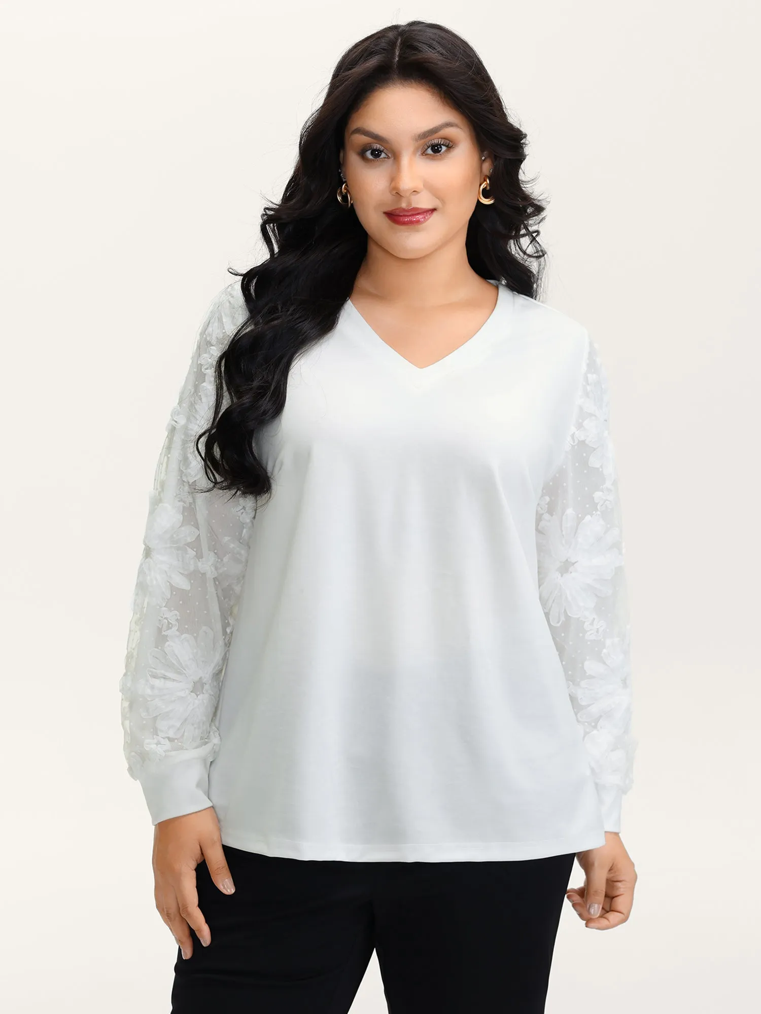 Textured Sheer Sleeve V-Neck T-Shirt sold by Bloomchic product image thumbnail 2