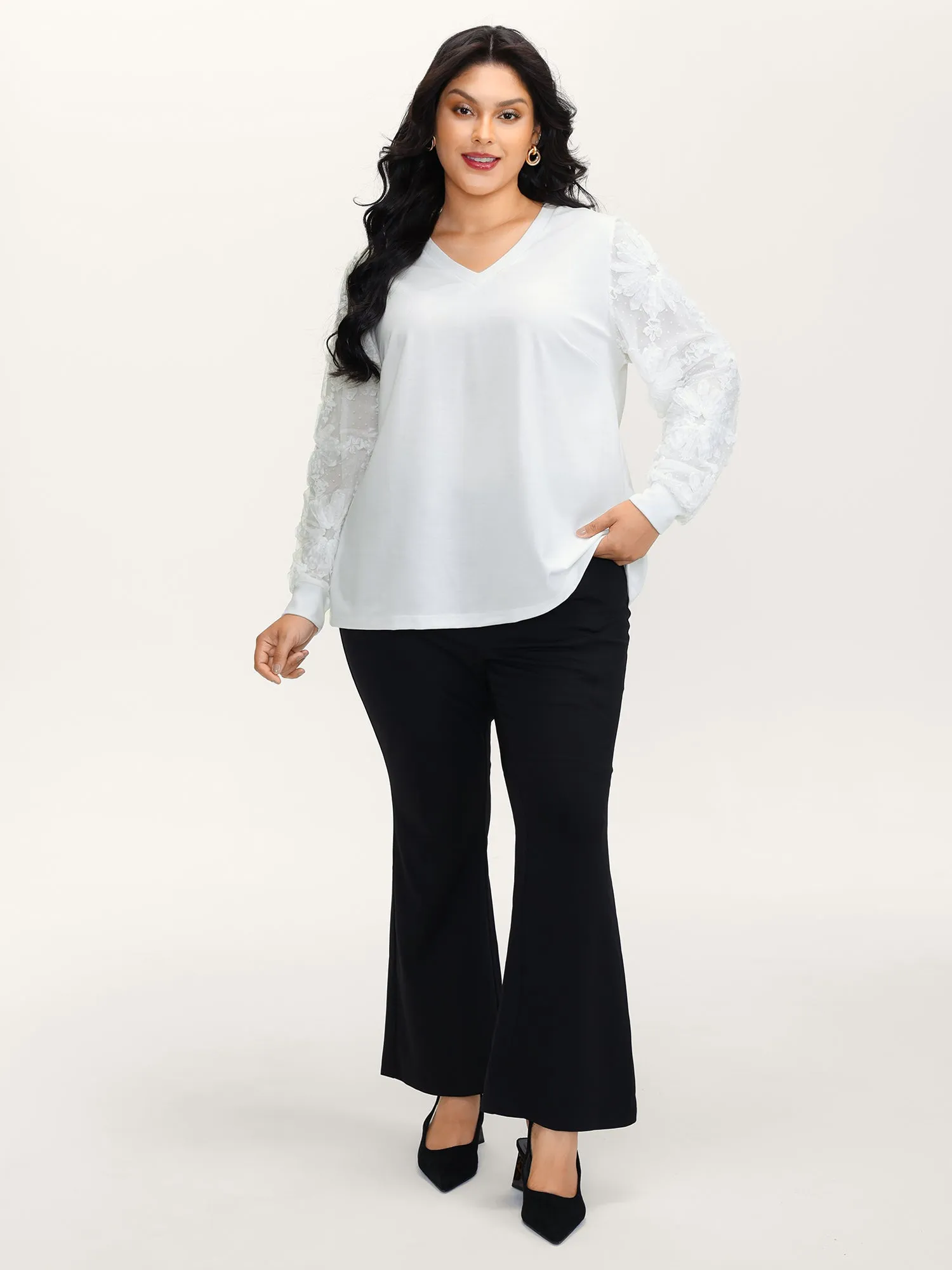 Textured Sheer Sleeve V-Neck T-Shirt sold by Bloomchic product image thumbnail 3