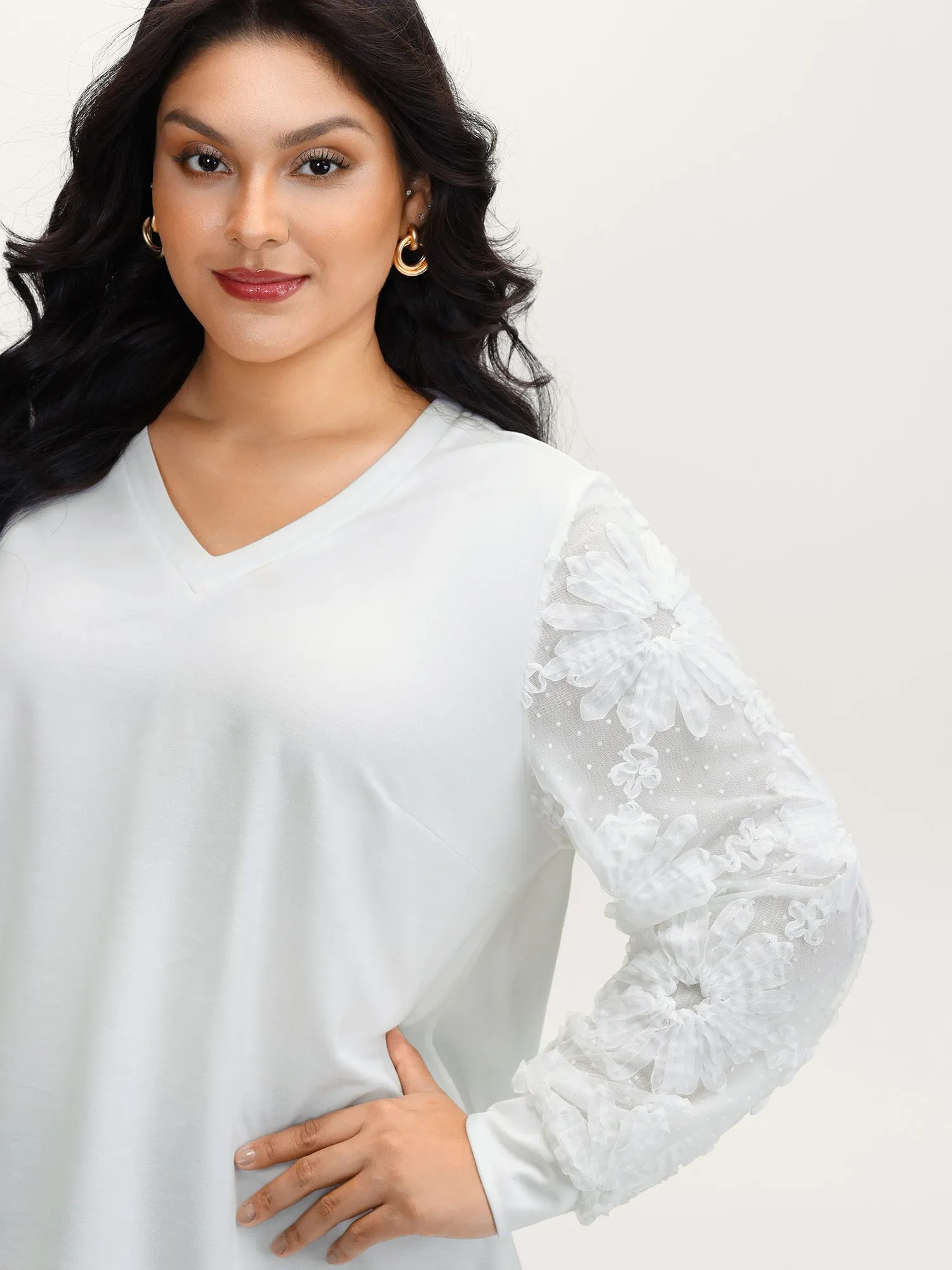 Textured Sheer Sleeve V-Neck T-Shirt sold by Bloomchic