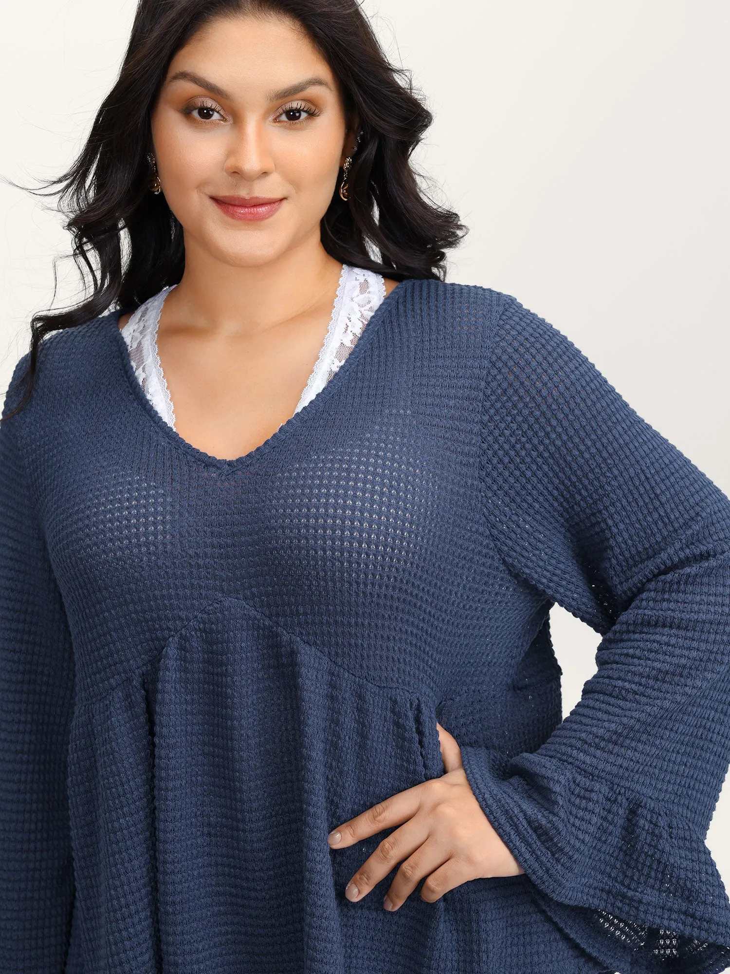 Textured Lace Ruffled Sleeve Knit Top sold by Bloomchic product image thumbnail 2