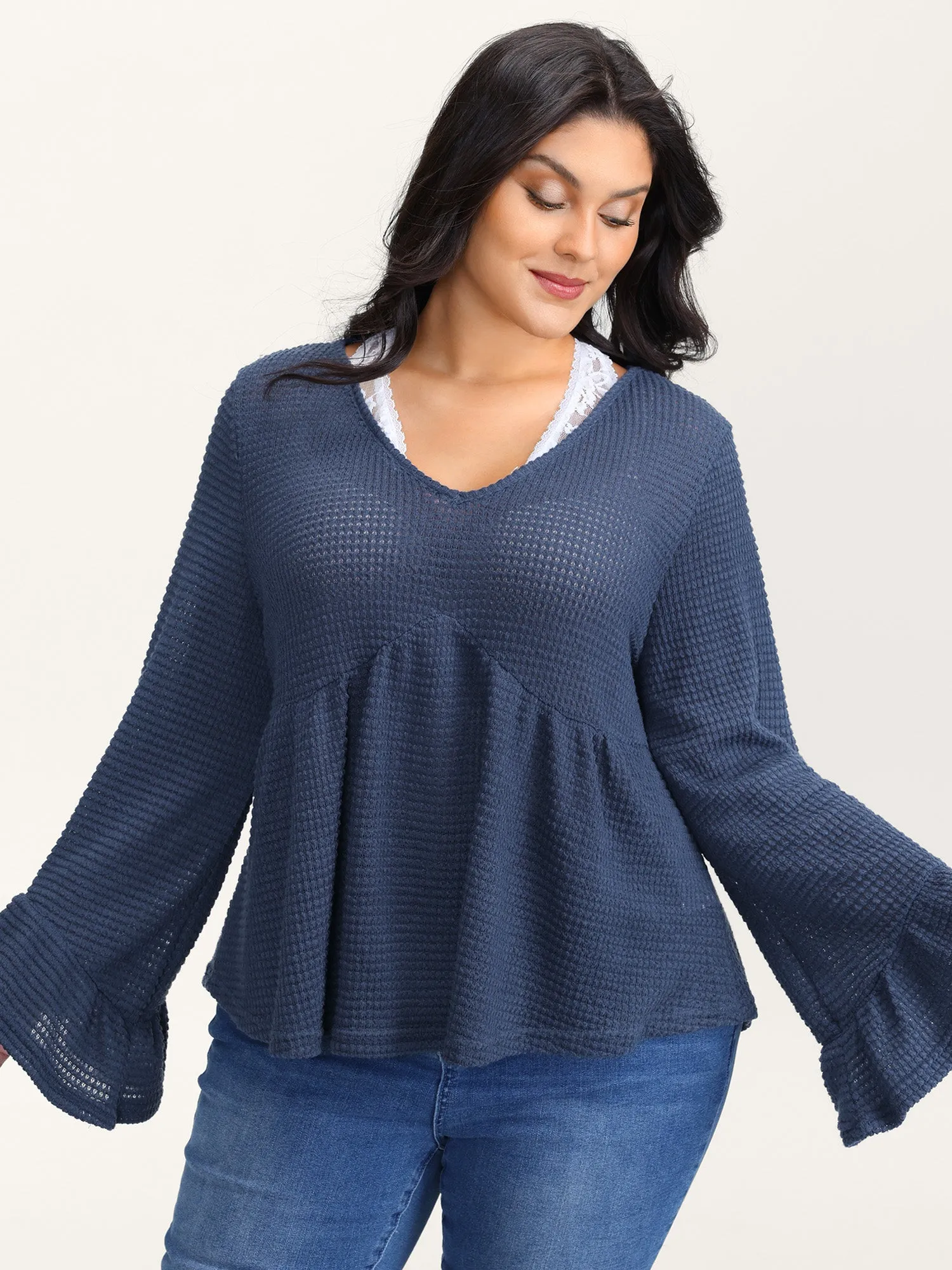 Textured Lace Ruffled Sleeve Knit Top sold by Bloomchic product image thumbnail 3