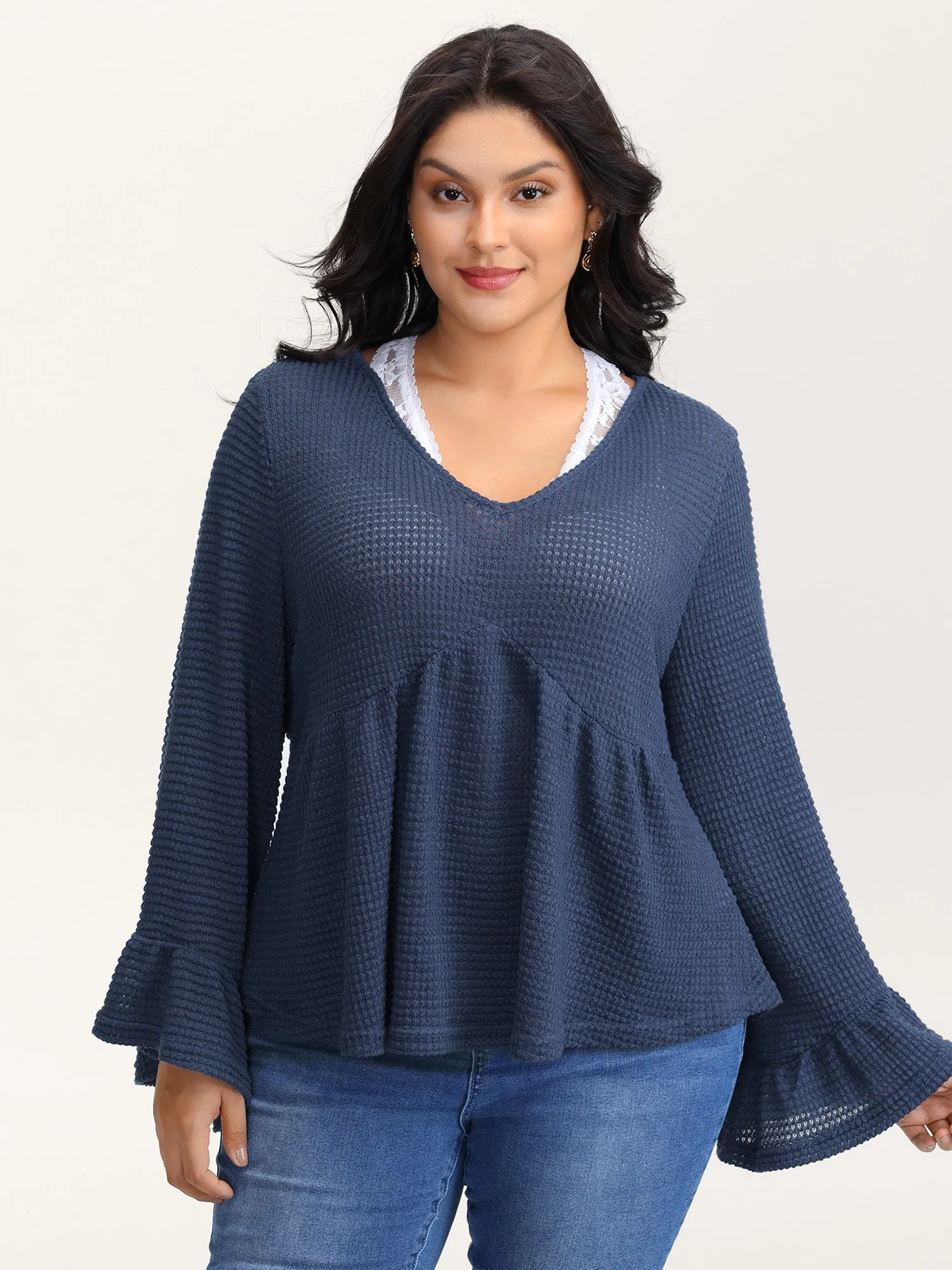 Textured Lace Ruffled Sleeve Knit Top sold by Bloomchic