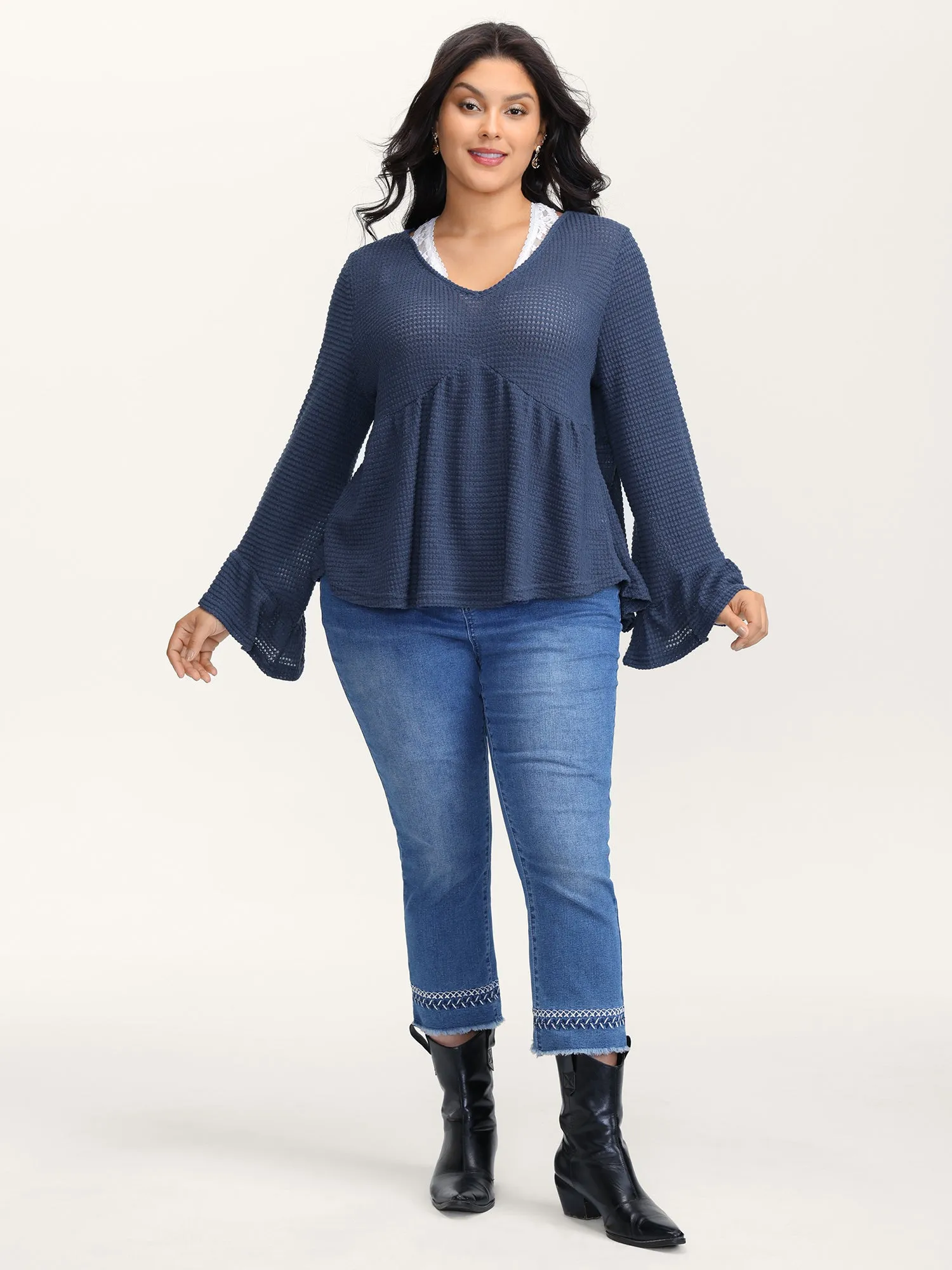 Textured Lace Ruffled Sleeve Knit Top sold by Bloomchic product image thumbnail 4