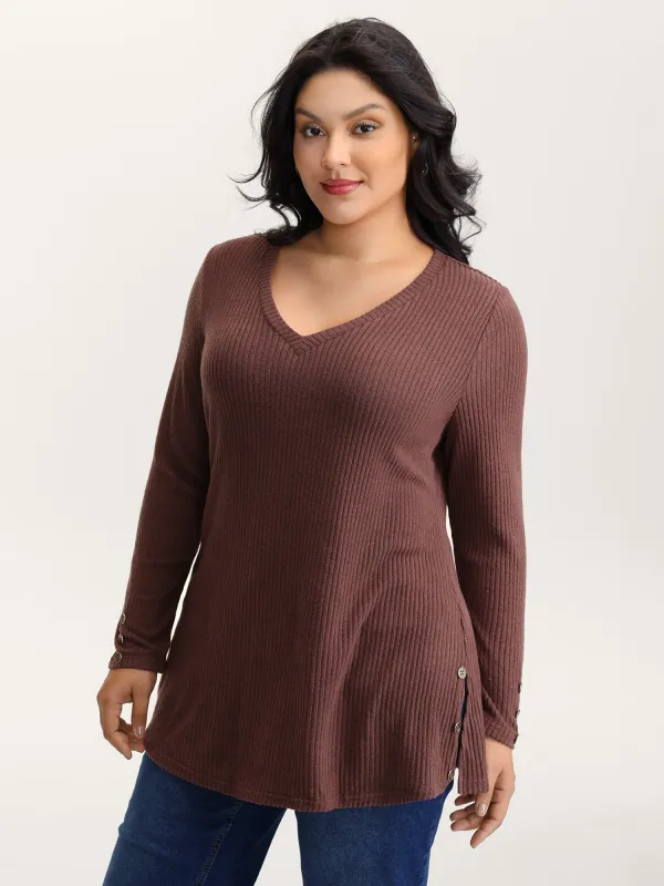 Stretchy Brushed Ribbed Button Detail T-Shirt sold by Bloomchic