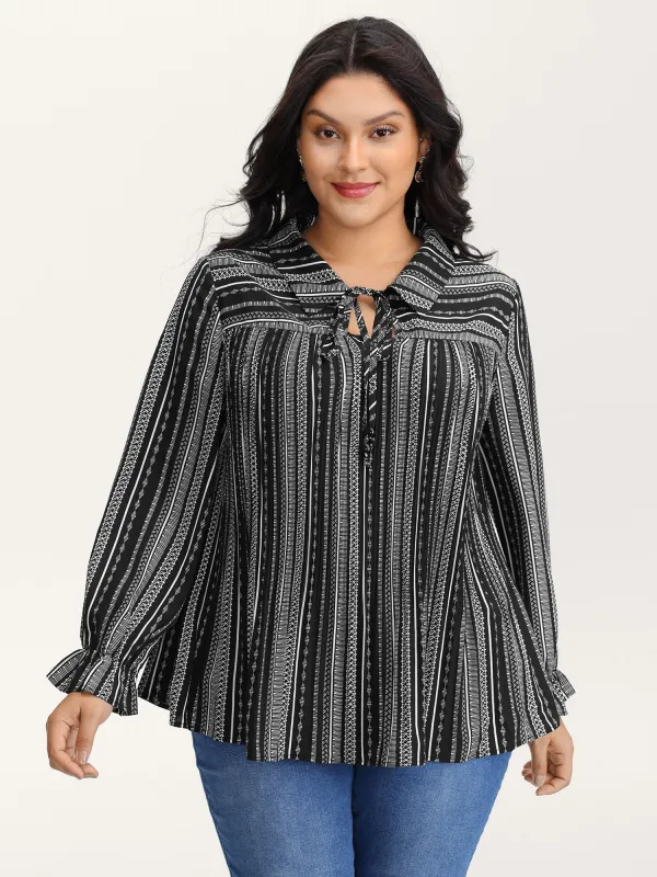 Stripe Print Semi Sheer Pleated Blouse sold by Bloomchic