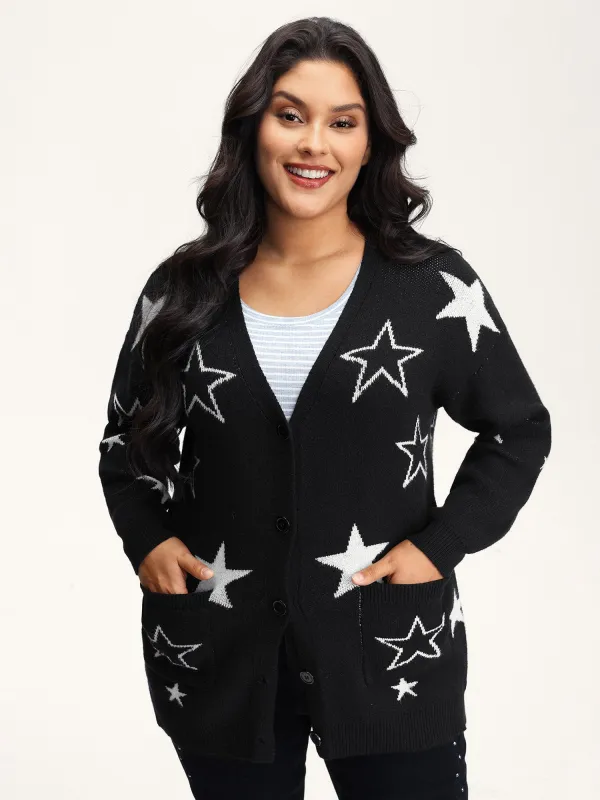 Supersoft Star Jacquard Pockets Button Knit Cardigan sold by Bloomchic