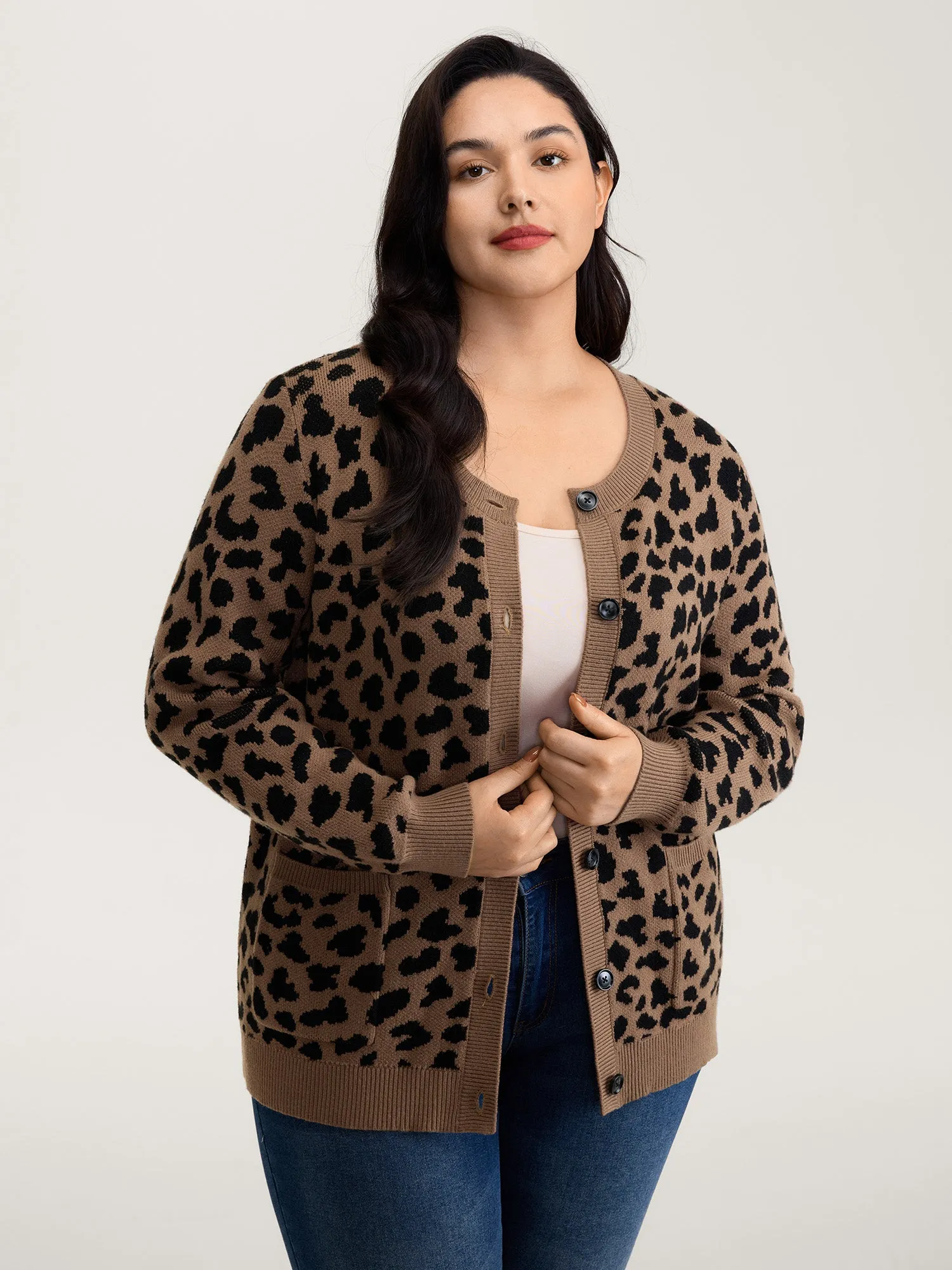 Supersoft Leopard Print Pockets Contrast Knit Cardigan sold by Bloomchic