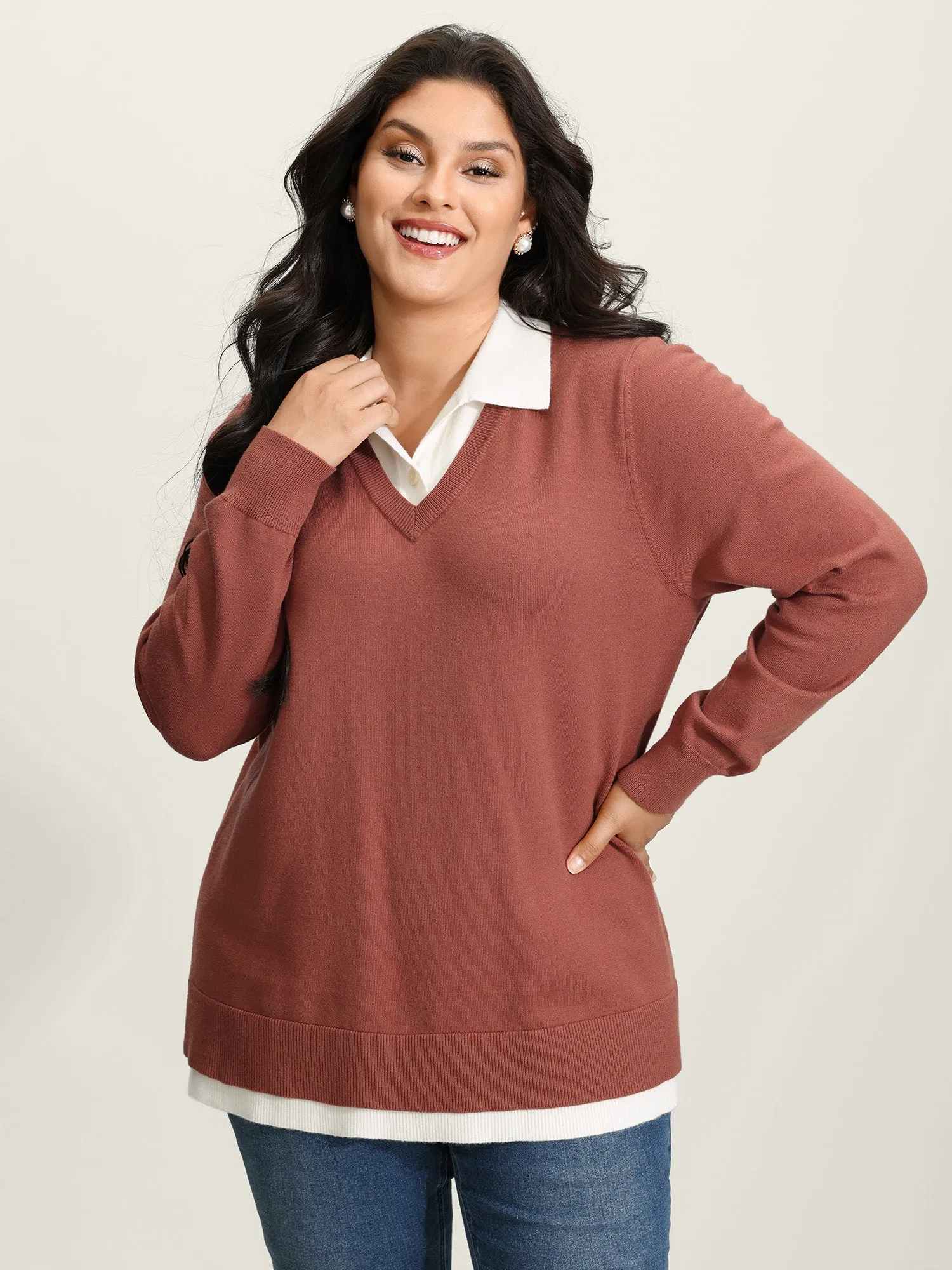 Supersoft 2-in-1 Polo Collar Color Contrast Pullover sold by Bloomchic product image thumbnail 2