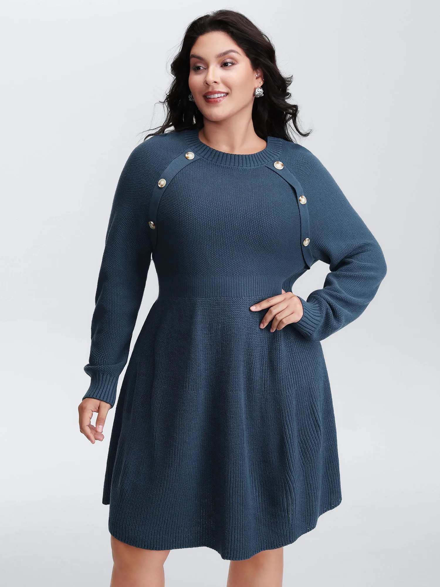 Textured Stretchy Waist Button Sweater Knee-Length Dress sold by Bloomchic product image thumbnail 3