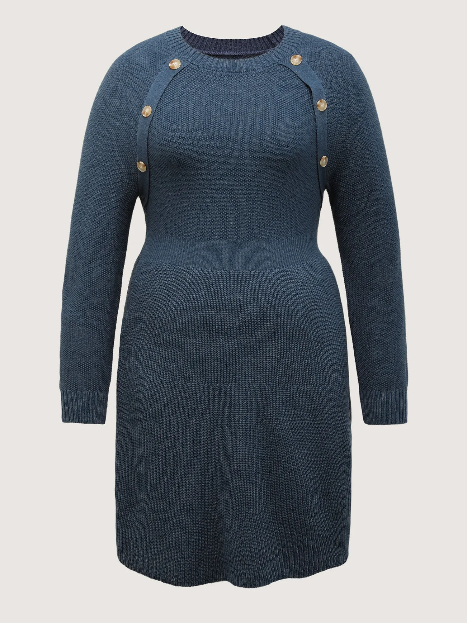 Textured Stretchy Waist Button Sweater Knee-Length Dress sold by Bloomchic product image thumbnail 5