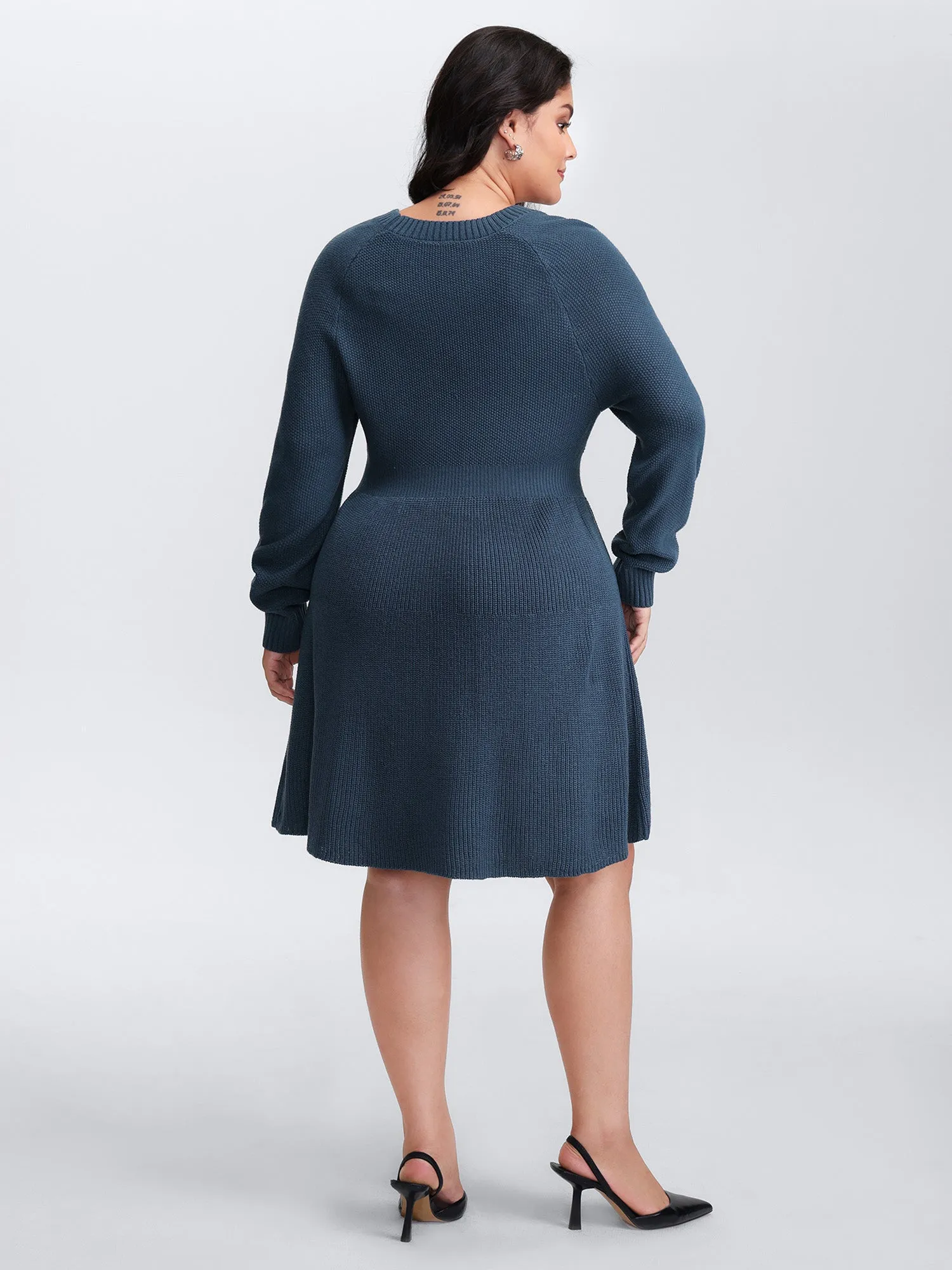 Textured Stretchy Waist Button Sweater Knee-Length Dress sold by Bloomchic product image thumbnail 4
