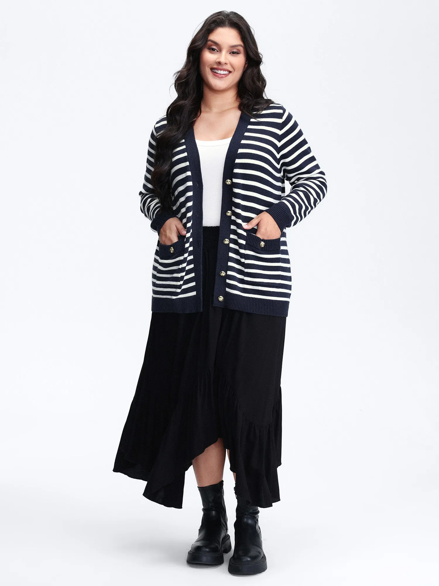 Wool-Blend Stripe Button Pockets Knit Cardigan sold by Bloomchic product image thumbnail 3