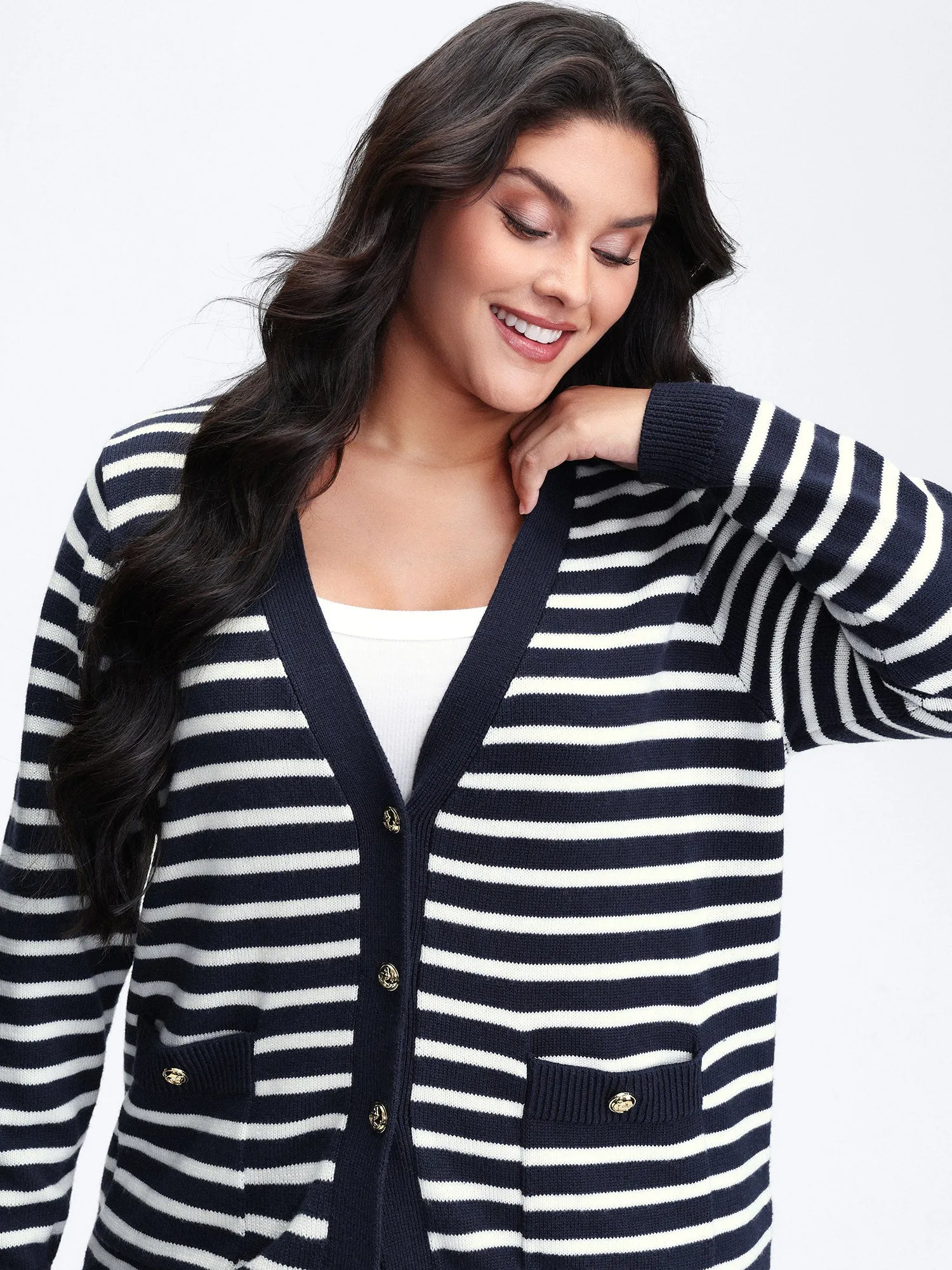 Wool-Blend Stripe Button Pockets Knit Cardigan sold by Bloomchic product image thumbnail 2