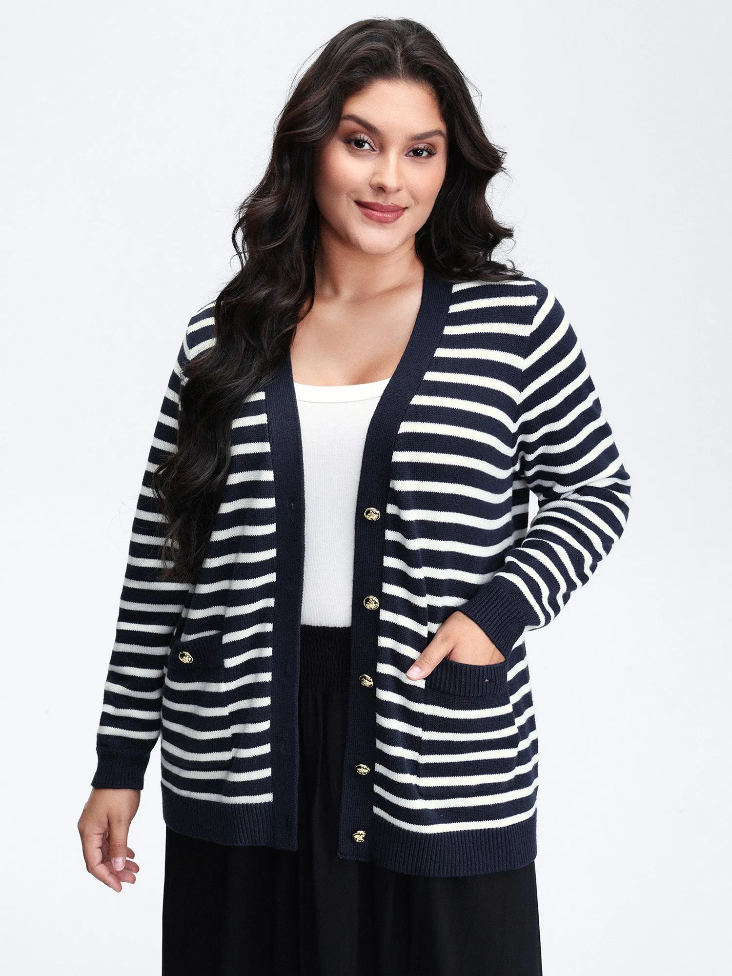 Wool-Blend Stripe Button Pockets Knit Cardigan sold by Bloomchic
