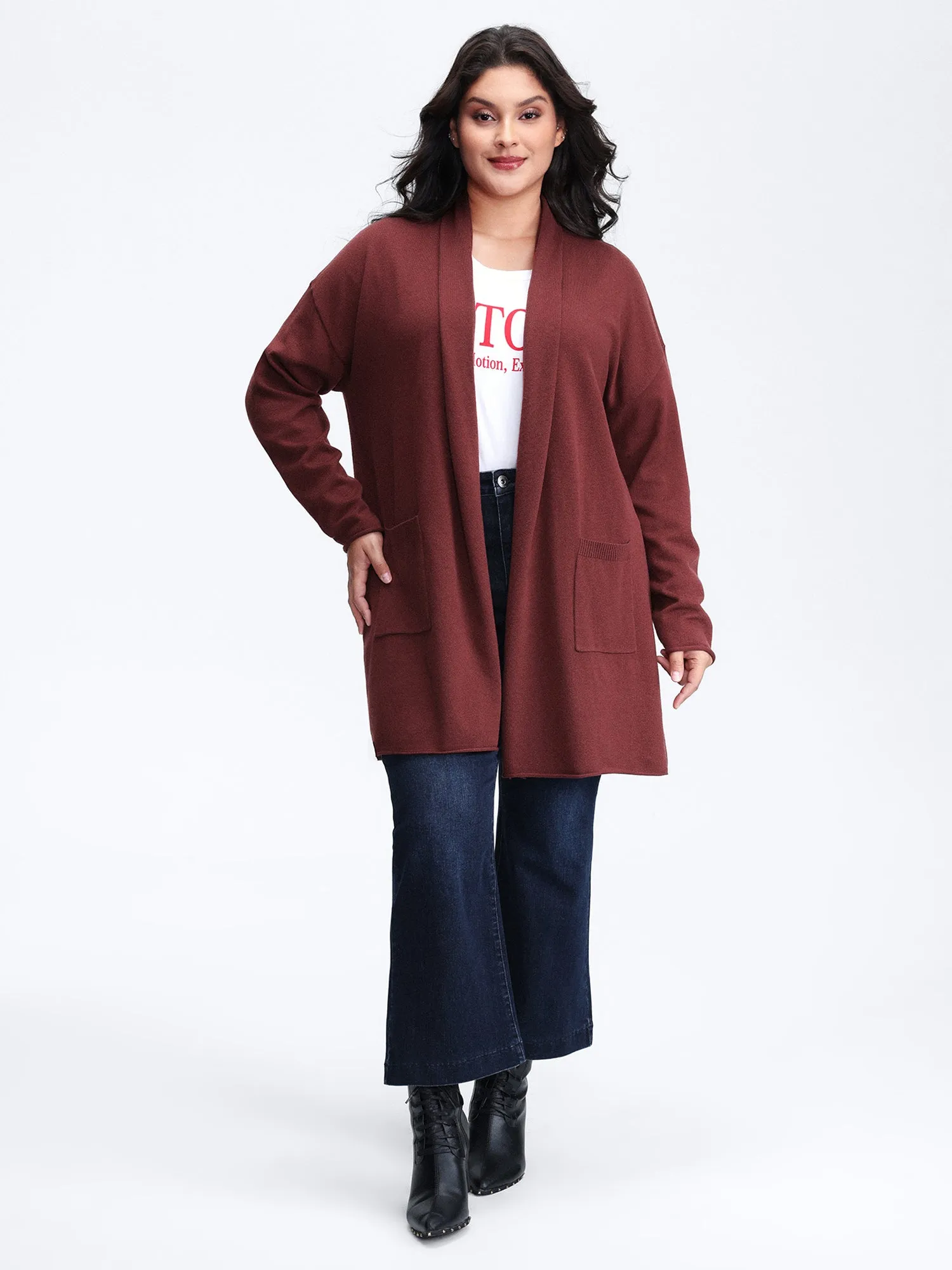 Supersoft Folded Collar Pocket Open-Front Knit Cardigan sold by Bloomchic product image thumbnail 3