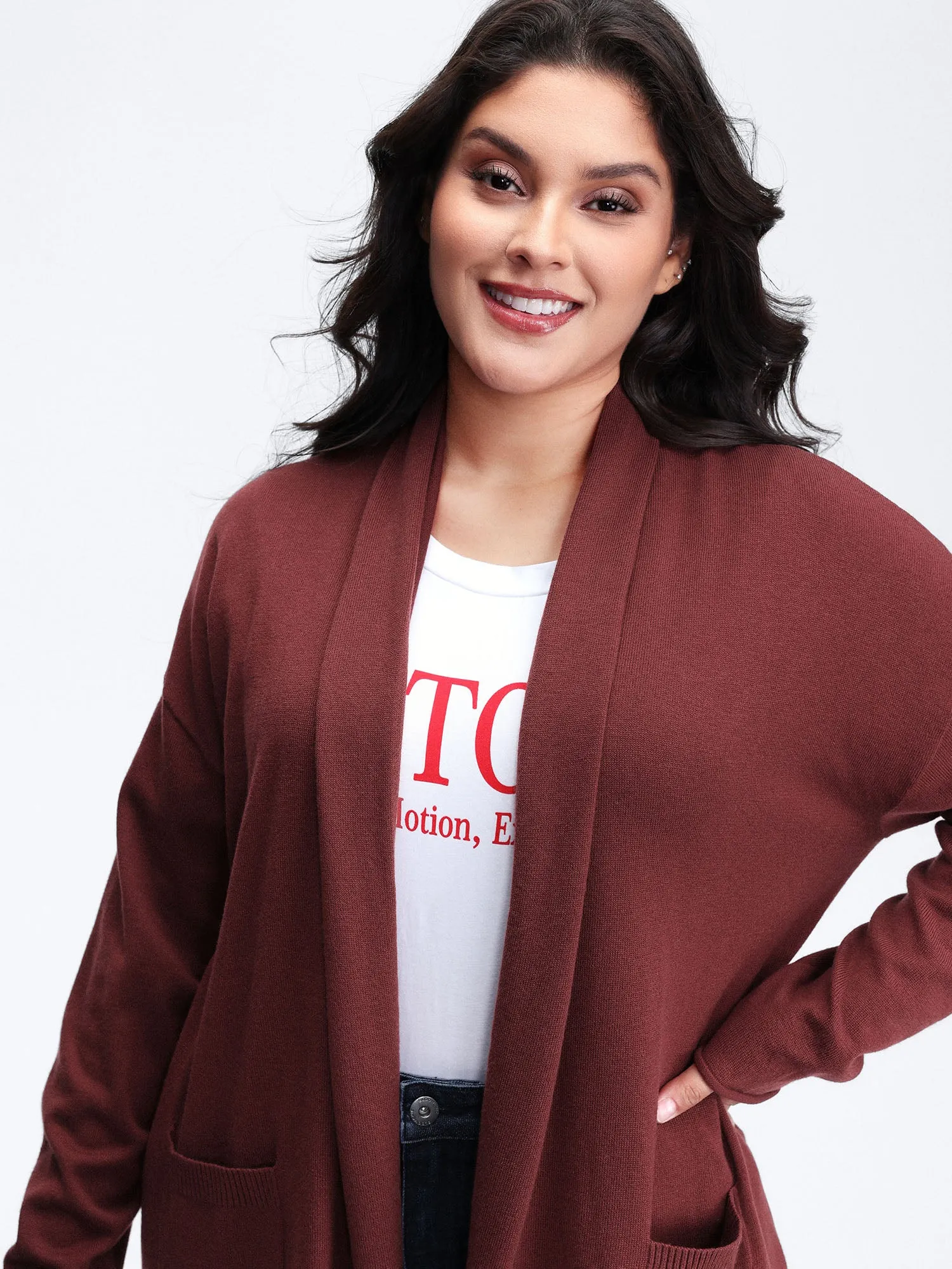 Supersoft Folded Collar Pocket Open-Front Knit Cardigan sold by Bloomchic product image thumbnail 2