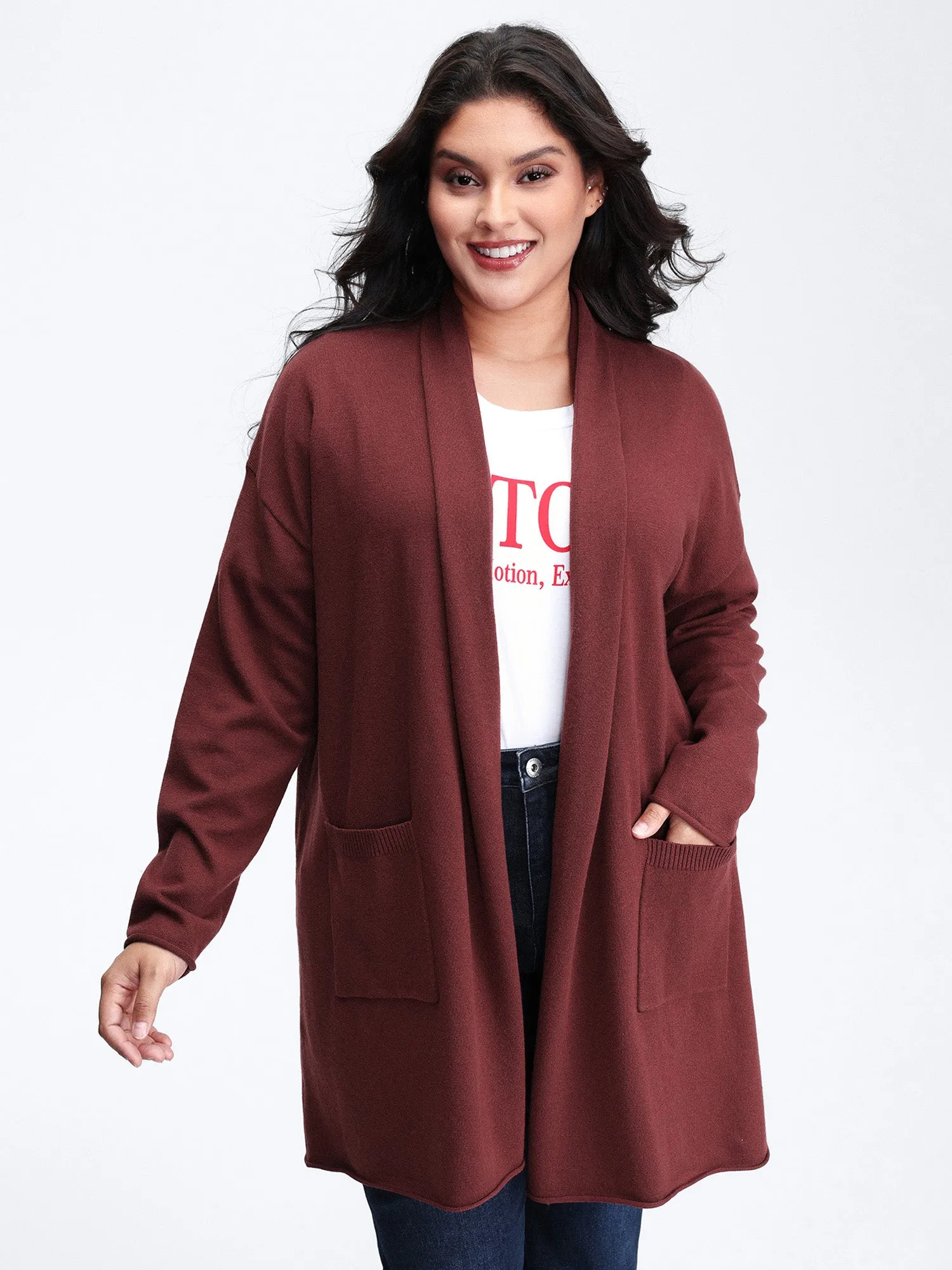 Supersoft Folded Collar Pocket Open-Front Knit Cardigan sold by Bloomchic