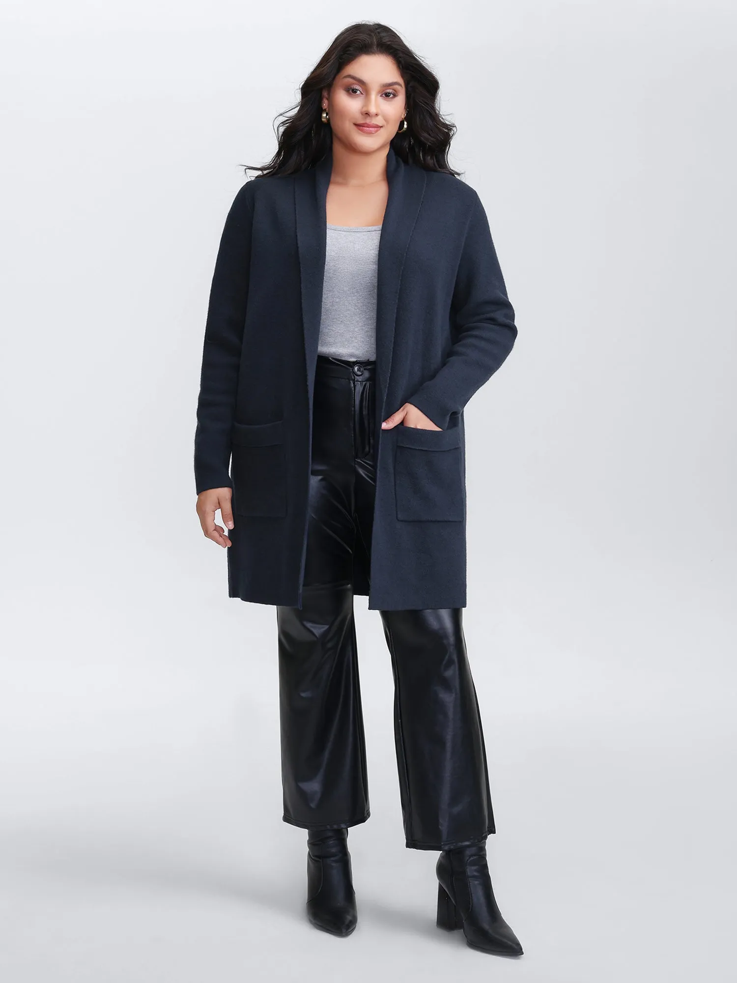 Supersoft Folded Collar Pockets Open-Front Knit Cardigan sold by Bloomchic product image thumbnail 3