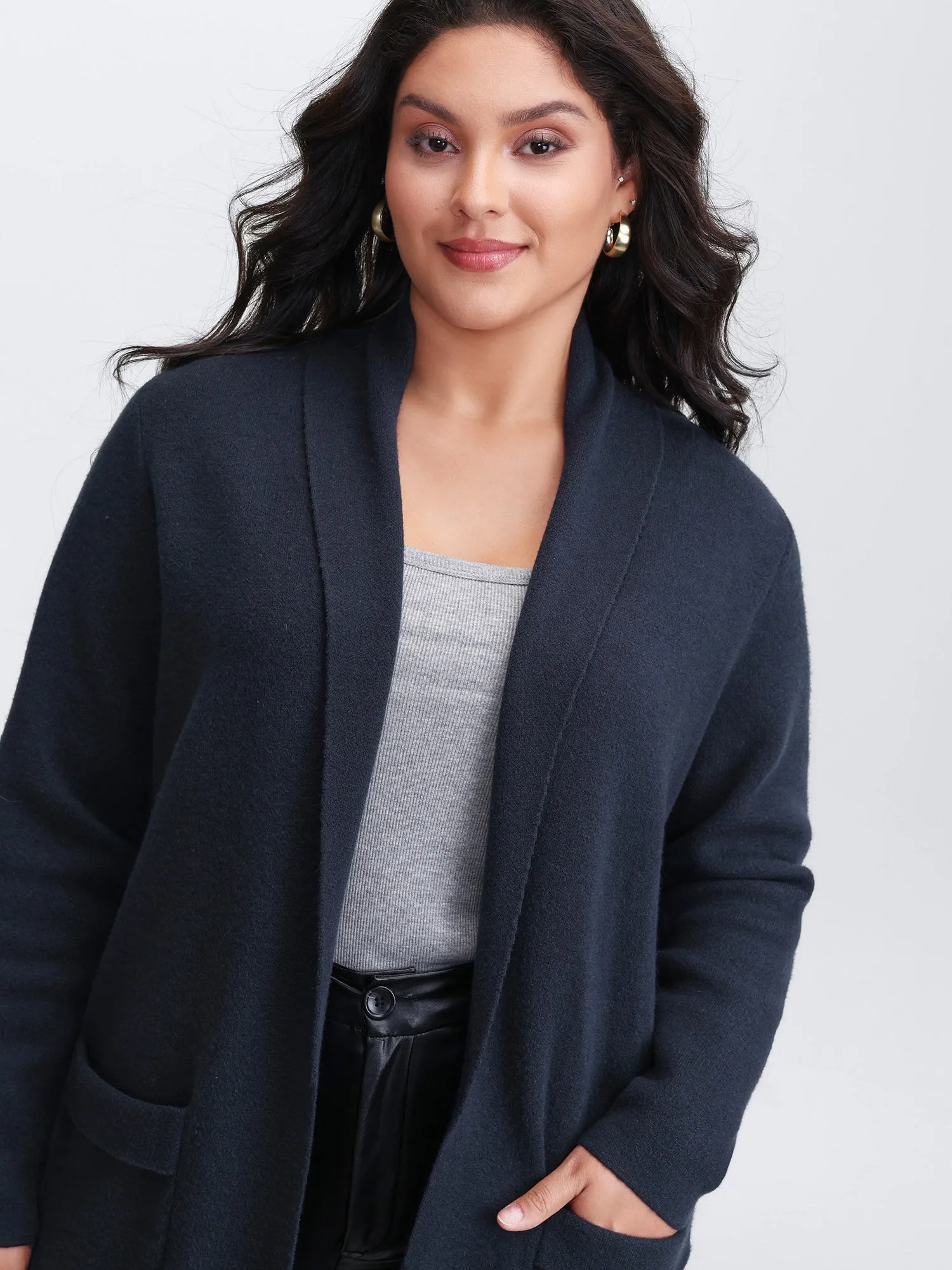 Supersoft Folded Collar Pockets Open-Front Knit Cardigan sold by Bloomchic product image thumbnail 2