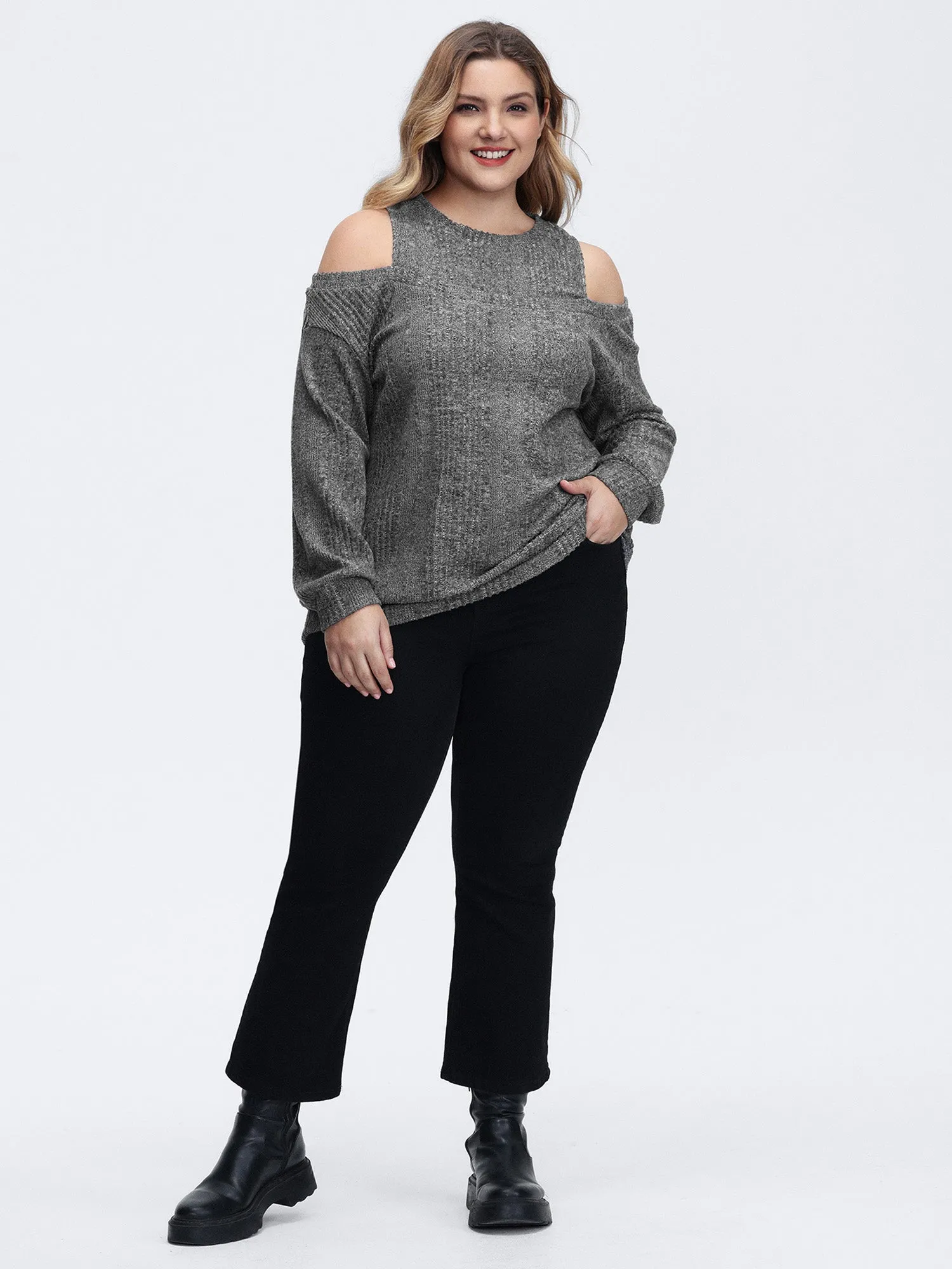 Off-Shoulder Textured Solid Sweatshirt sold by Bloomchic product image thumbnail 3