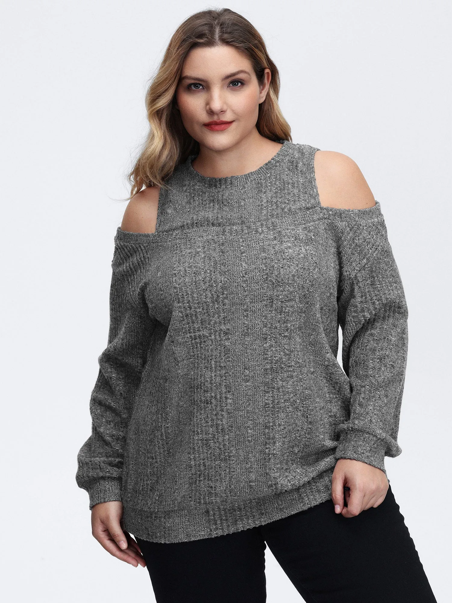 Off-Shoulder Textured Solid Sweatshirt sold by Bloomchic