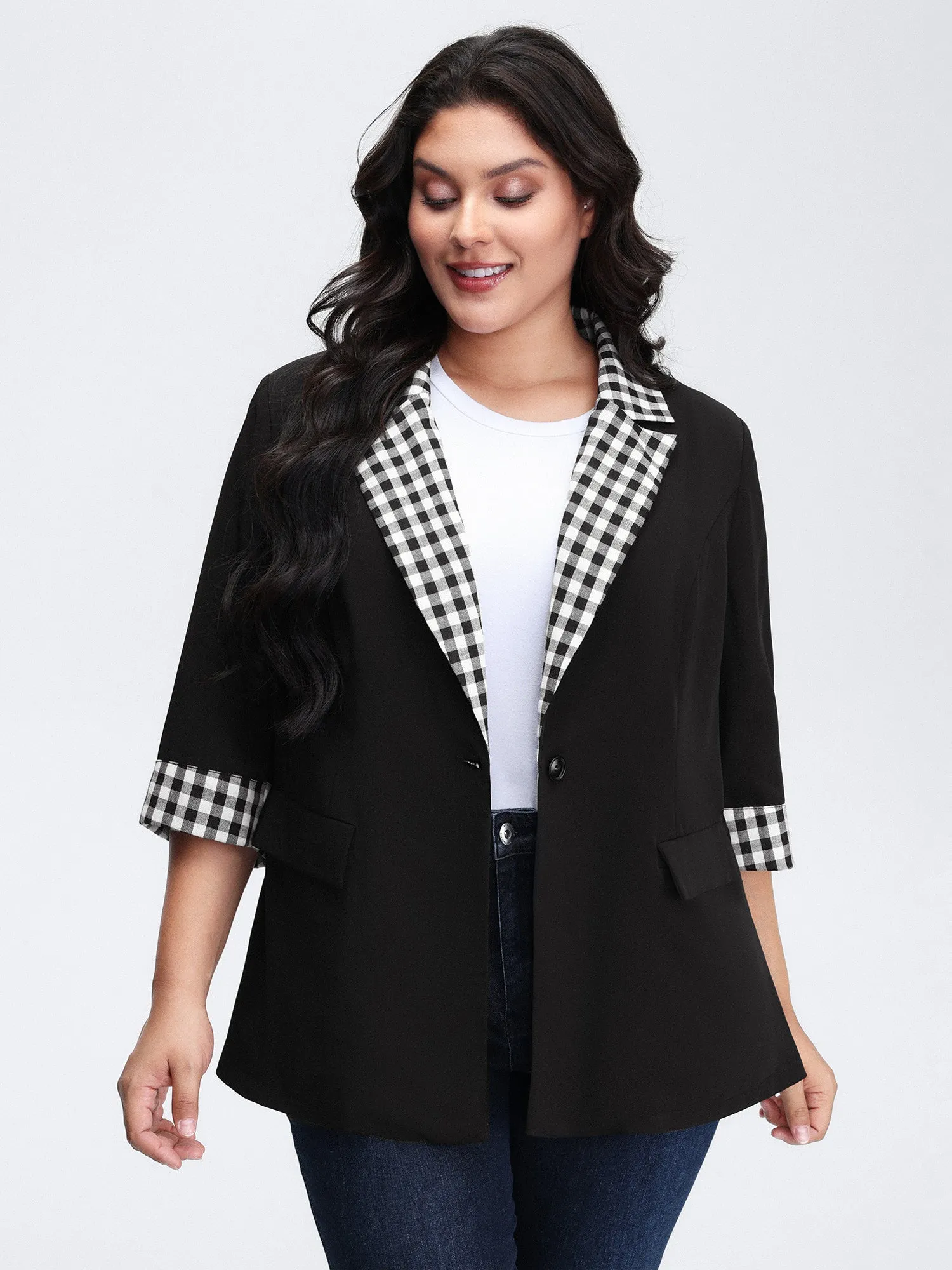 Checkered Contrast Button Blazer sold by Bloomchic
