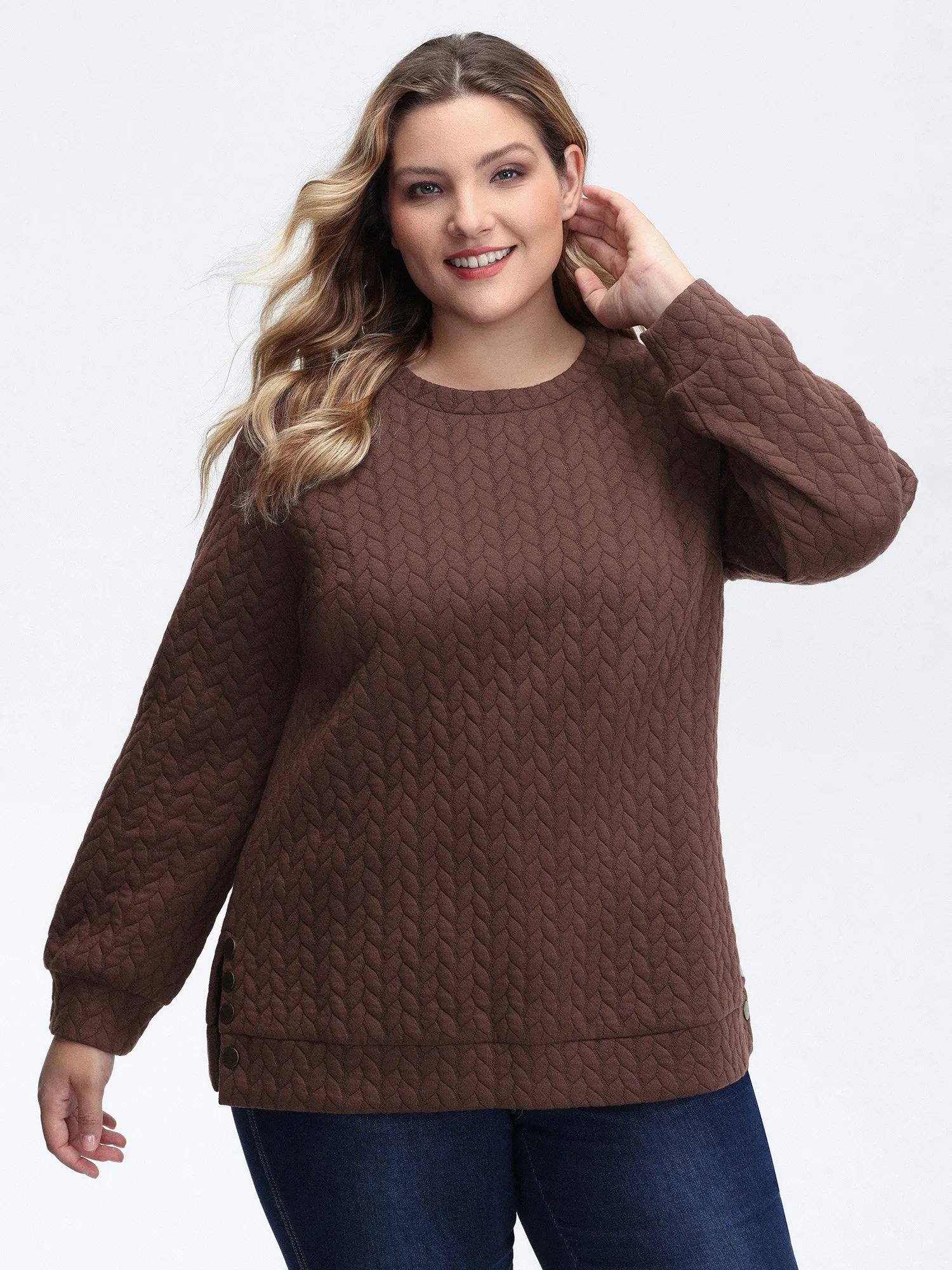 Textured Side Slit Round Neck Sweatshirt sold by Bloomchic