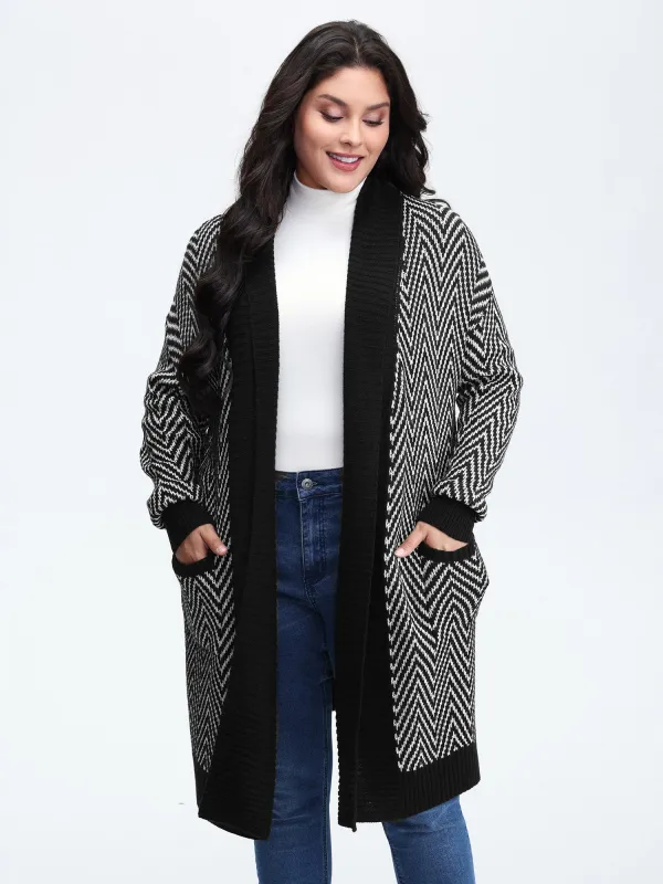 Geometric Pattern Pockets Open-Front Knit Cardigan made by Bloomchic
