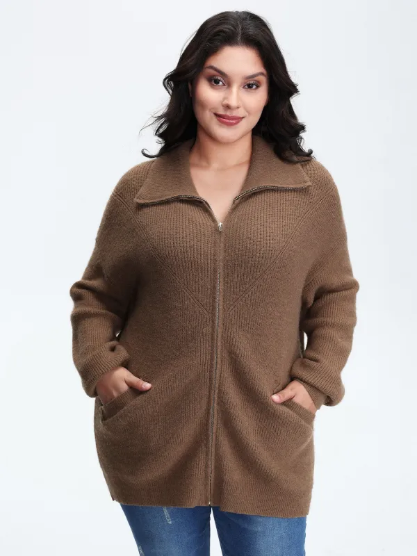 Textured Slant Pockets Zipper-Front Knit Cardigan sold by Bloomchic