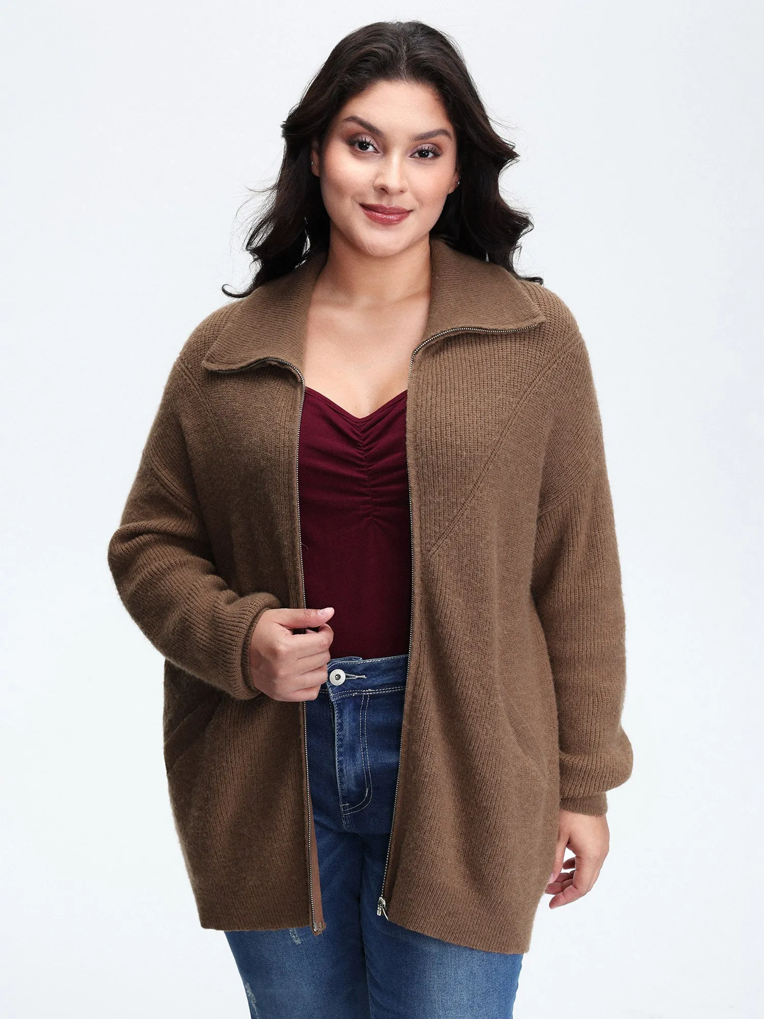 Textured Slant Pockets Zipper-Front Knit Cardigan sold by Bloomchic product image thumbnail 2