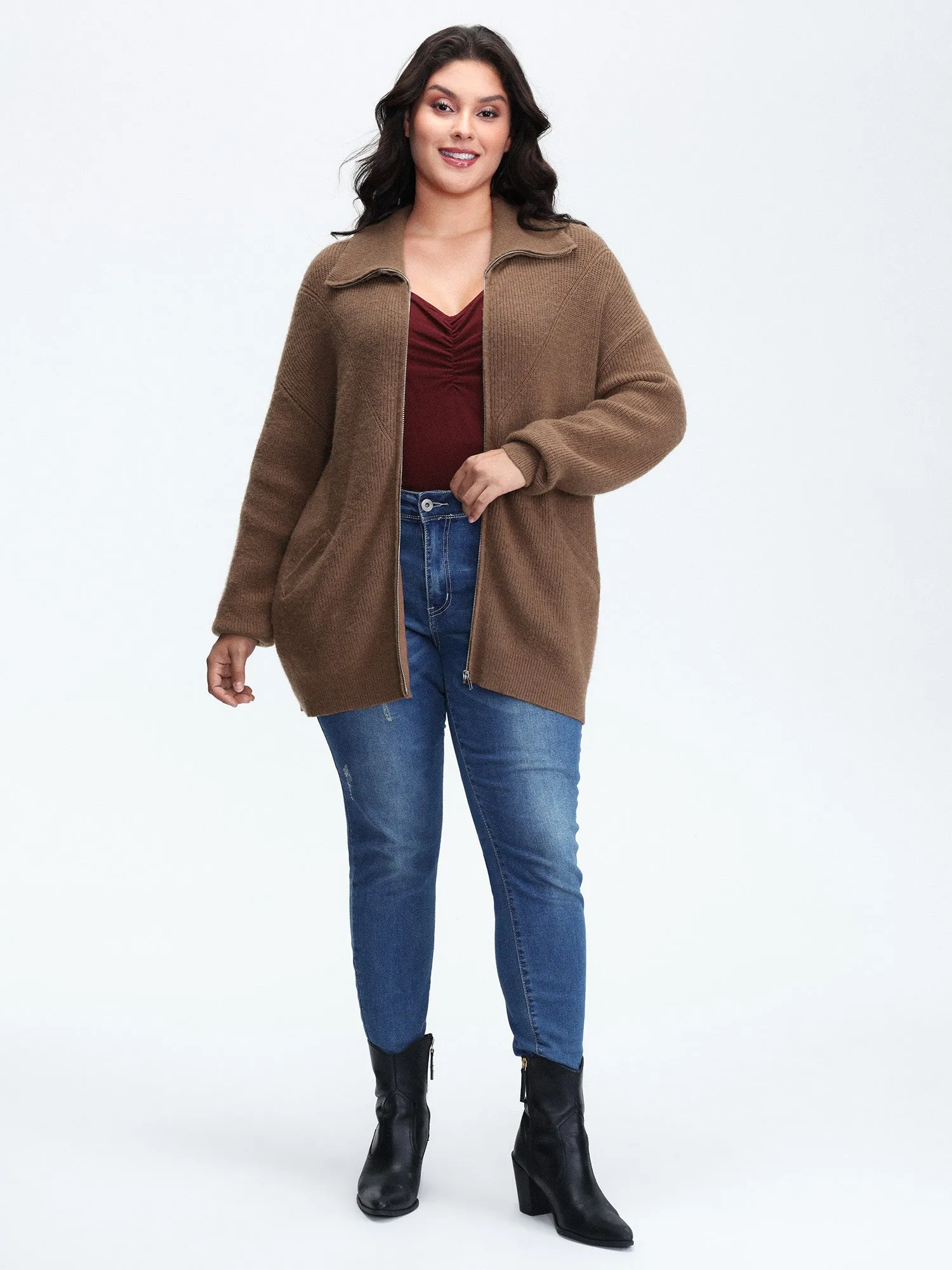 Textured Slant Pockets Zipper-Front Knit Cardigan sold by Bloomchic product image thumbnail 3