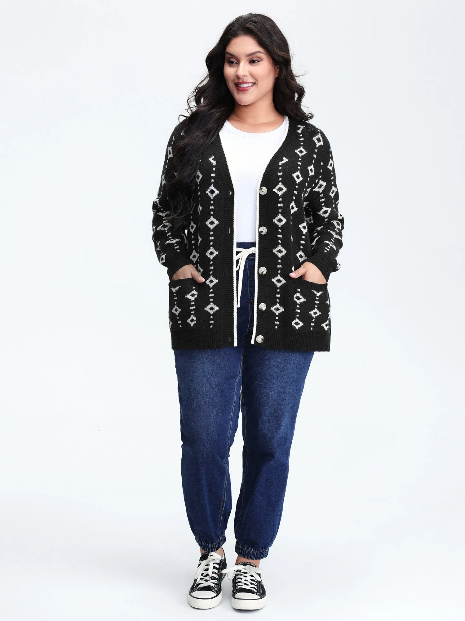Supersoft Geometric Pattern Pockets Button Knit Cardigan sold by Bloomchic product image thumbnail 3