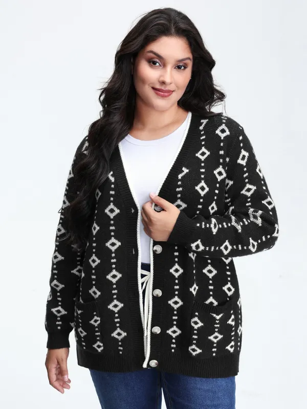 Supersoft Geometric Pattern Pockets Button Knit Cardigan sold by Bloomchic