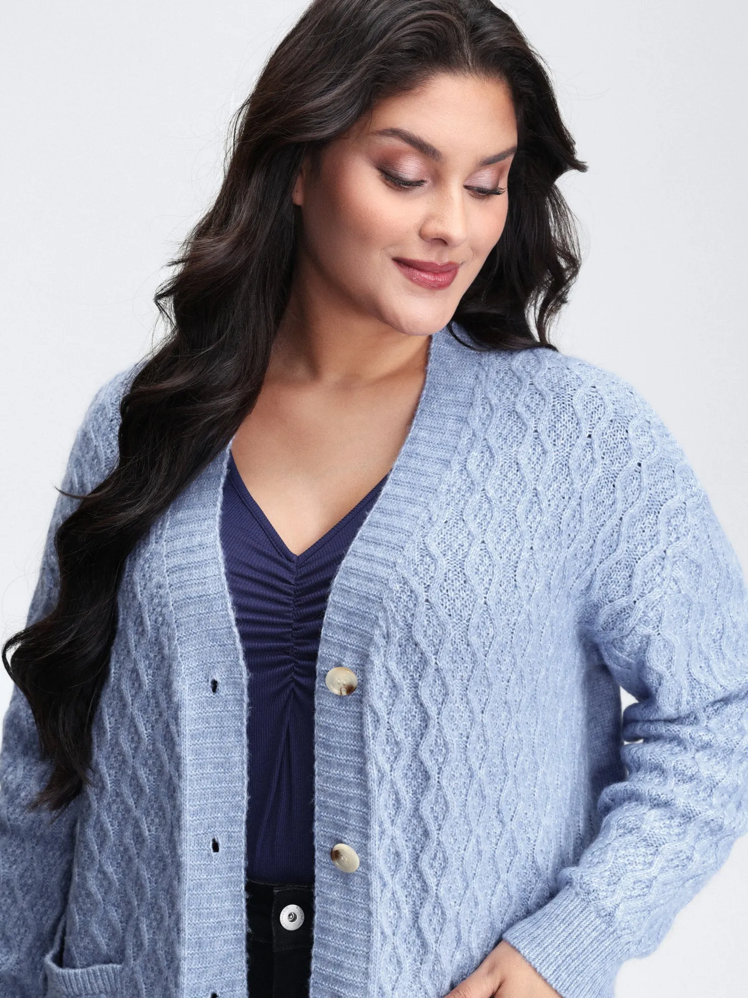 Cable Knit Textured Pockets Cardigan sold by Bloomchic