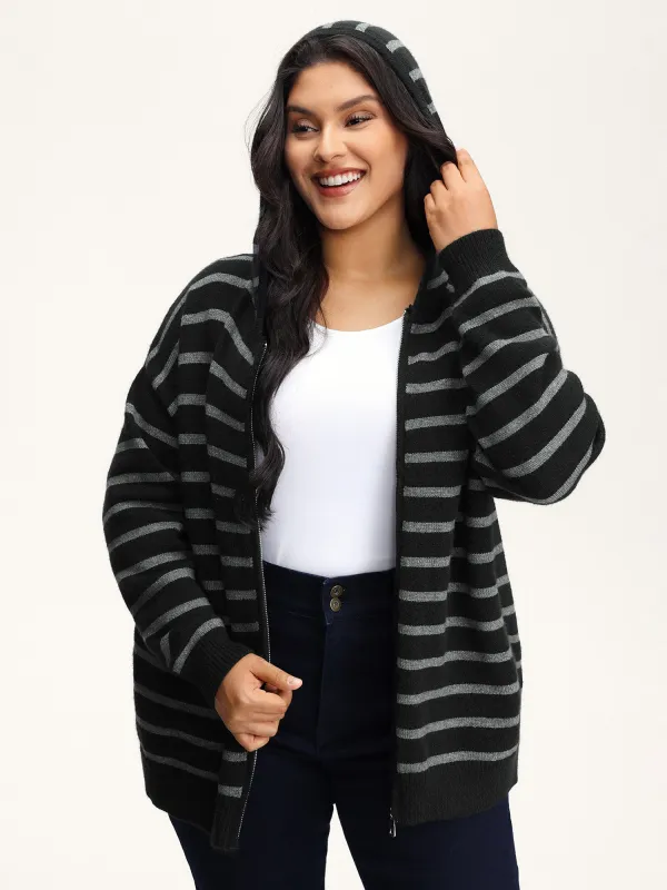 Supersoft Stripe Hooded Zipper Pockets Knit Cardigan sold by Bloomchic