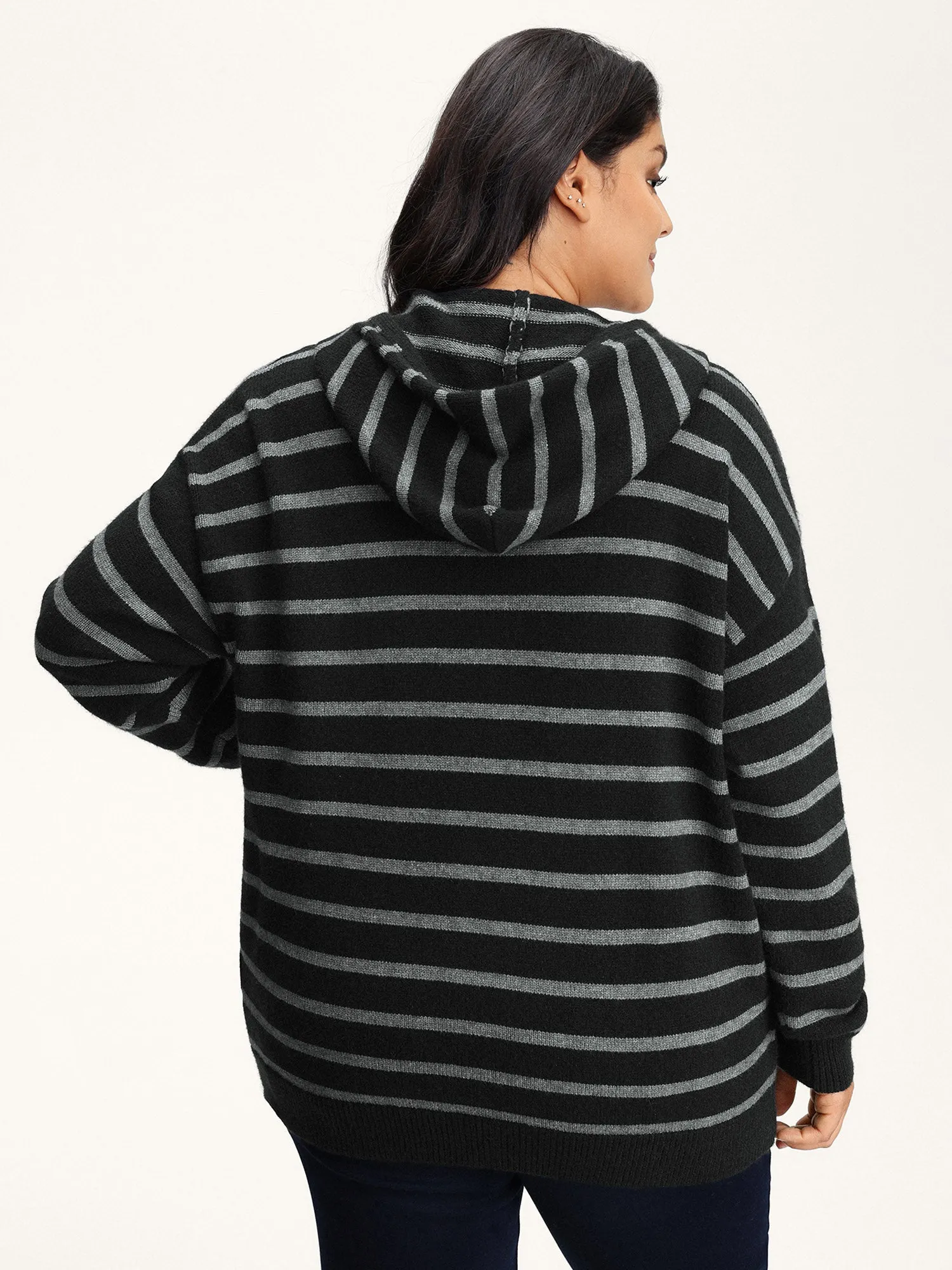Supersoft Stripe Hooded Zipper Pockets Knit Cardigan sold by Bloomchic product image thumbnail 4