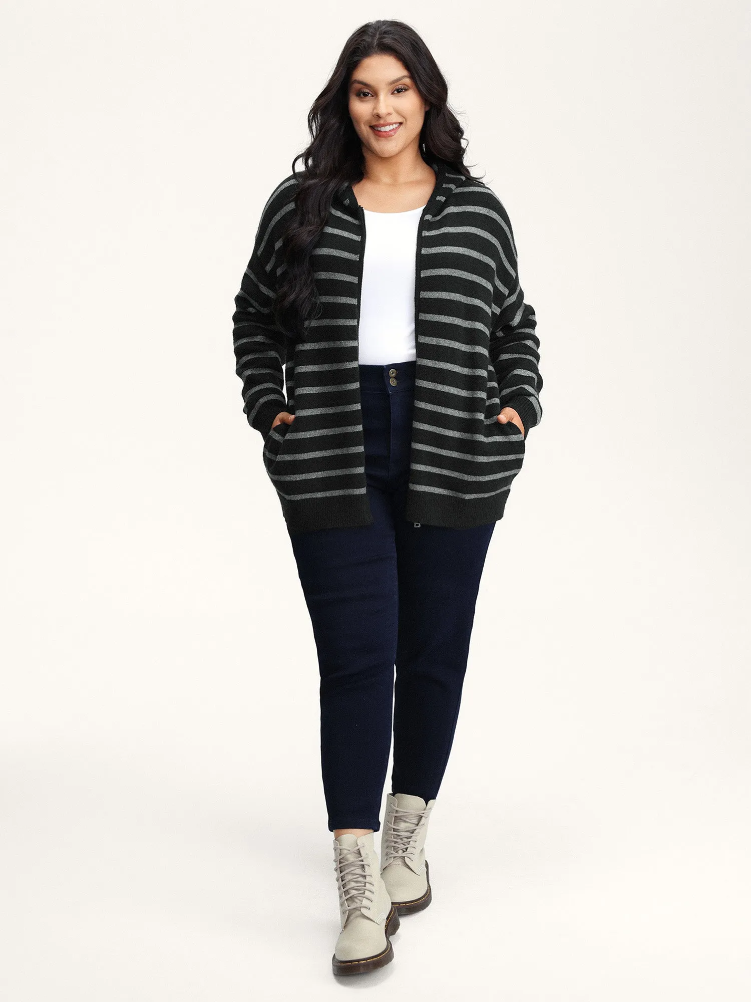 Supersoft Stripe Hooded Zipper Pockets Knit Cardigan sold by Bloomchic product image thumbnail 3