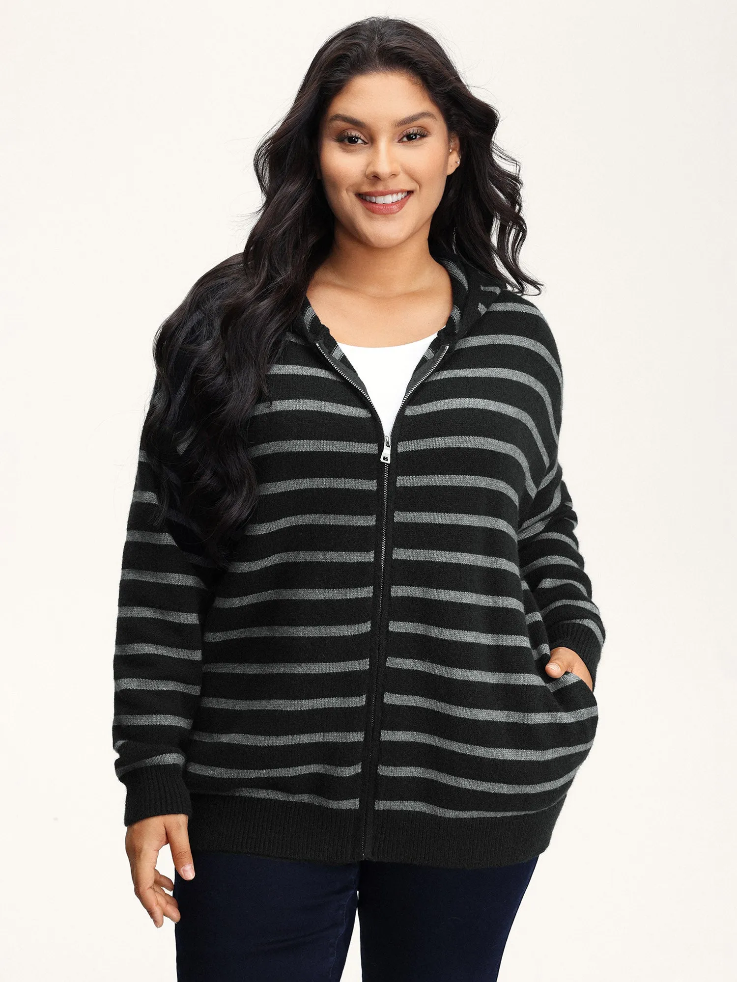 Supersoft Stripe Hooded Zipper Pockets Knit Cardigan sold by Bloomchic product image thumbnail 2