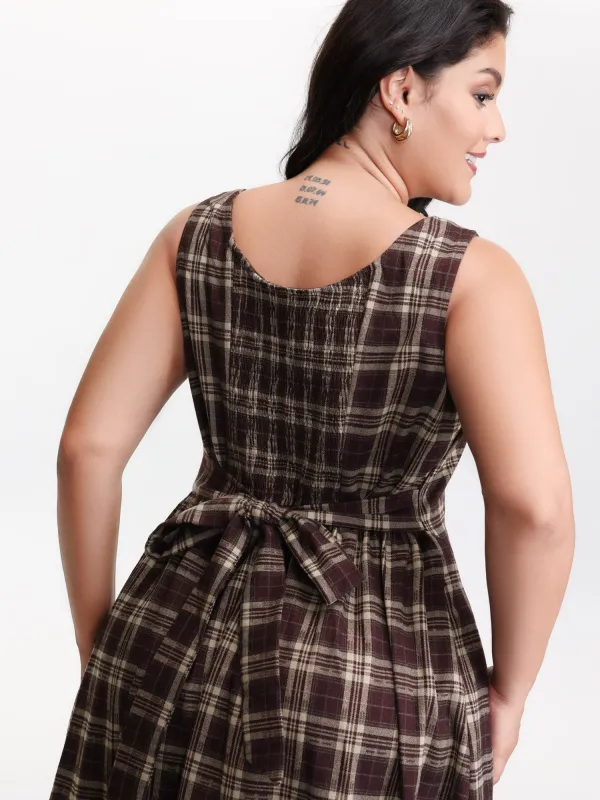 Retro Plaid Drop Waist Tie Midi Dress sold by Bloomchic