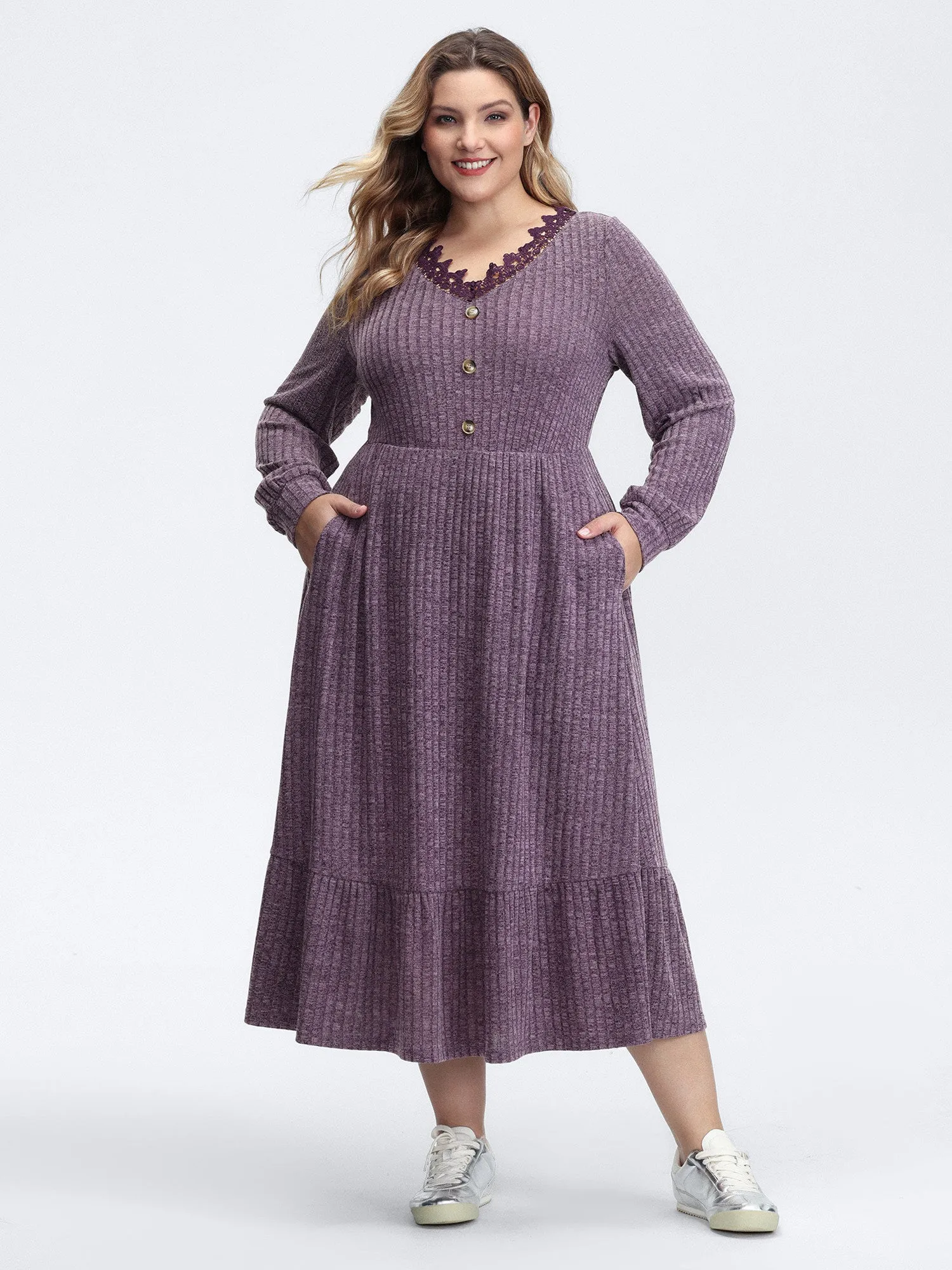 Stretchy Textured Lace Trim Midi Dress sold by Bloomchic