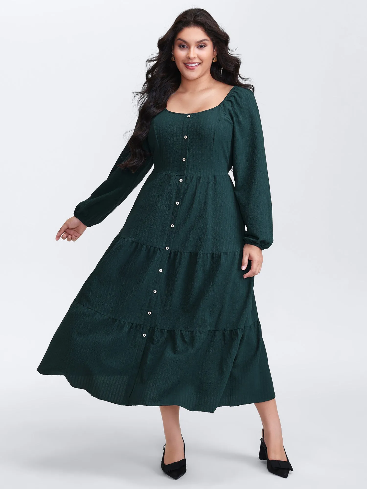 Textured Pockets Button Detail Tiered Maxi Dress sold by Bloomchic