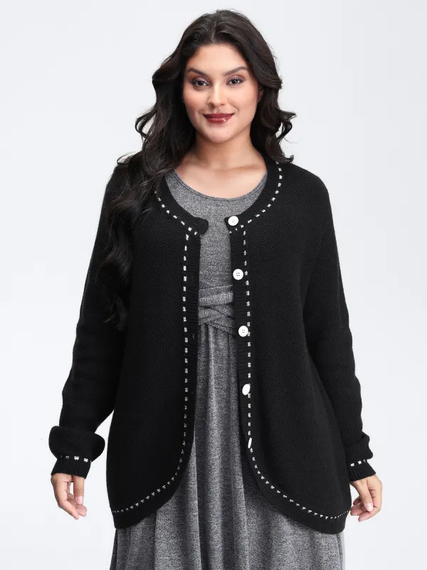 Arc Hem Textured Color Contrast Knit Cardigan sold by Bloomchic
