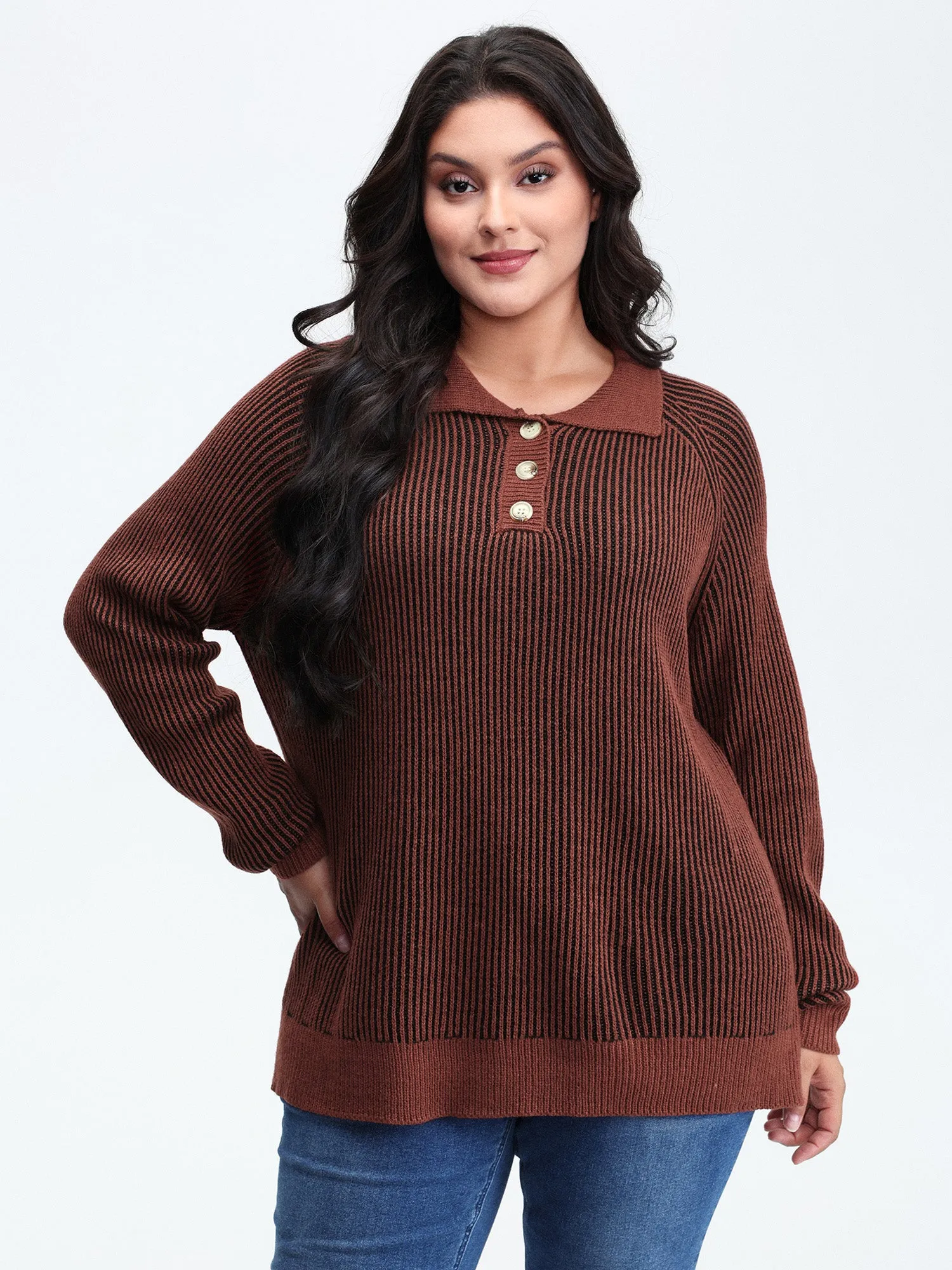 Polo Collar Color Contrast Textured Pullover sold by Bloomchic