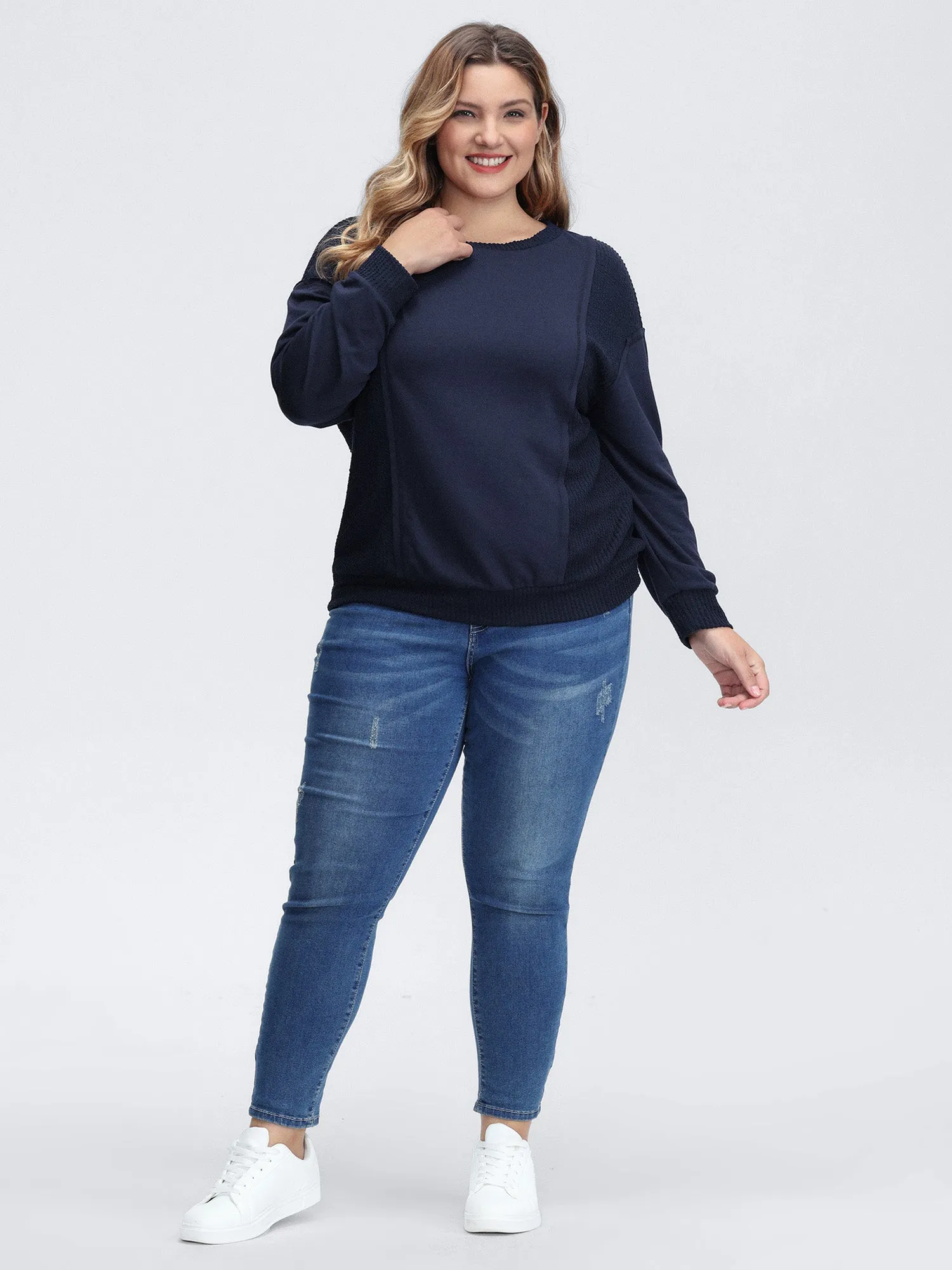 Crew Neck Textured Patchwork Sweatshirt sold by Bloomchic product image thumbnail 3