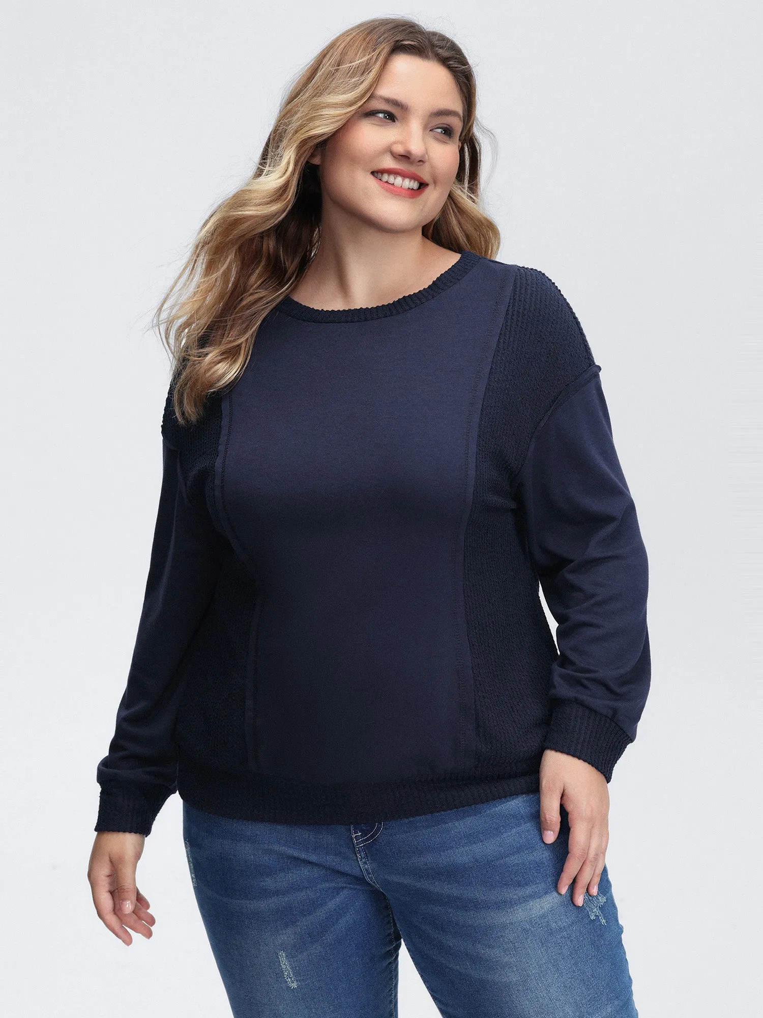 Crew Neck Textured Patchwork Sweatshirt sold by Bloomchic