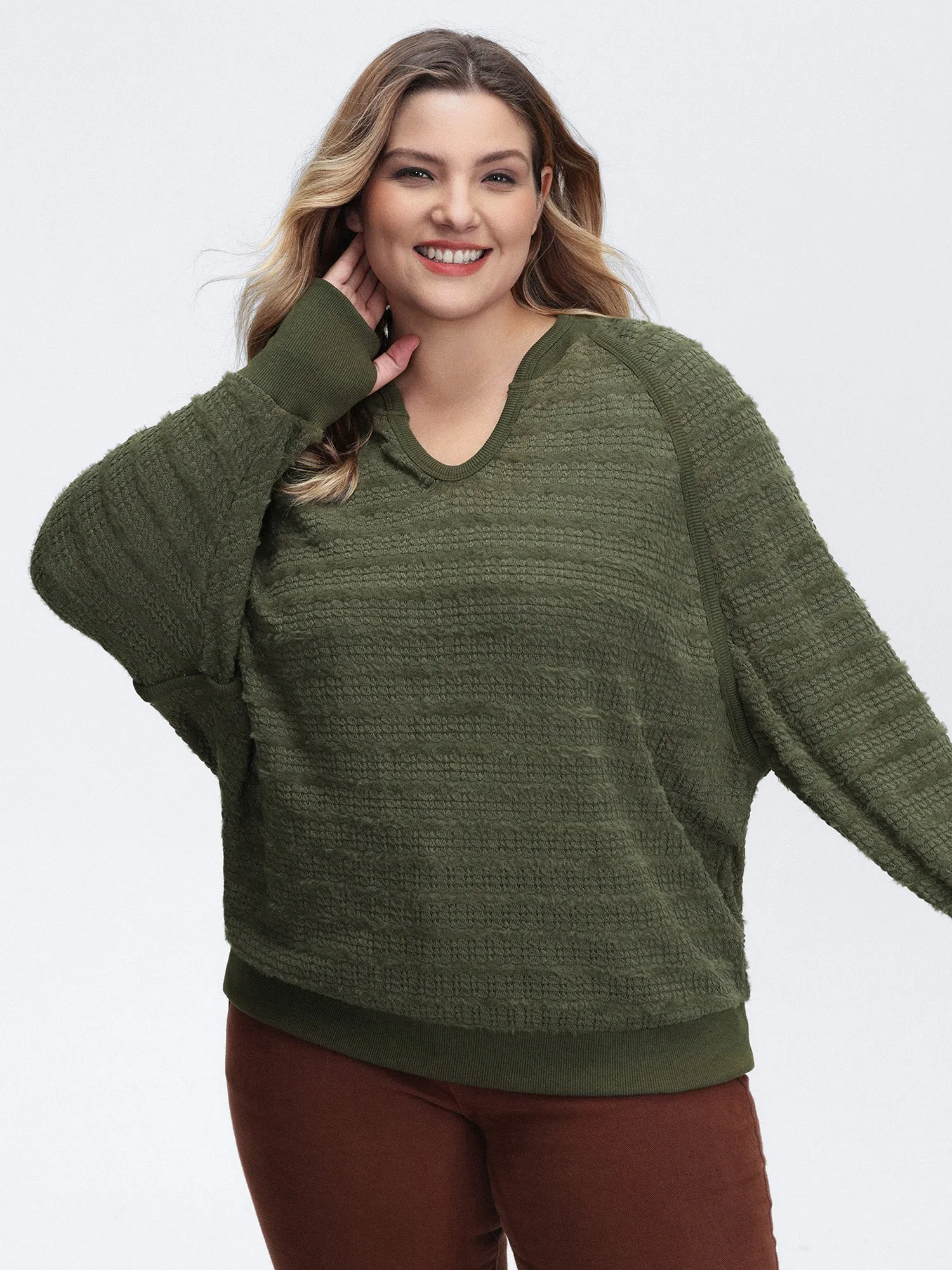 Textured V-Neck Dolman Sleeve Sweatshirt sold by Bloomchic