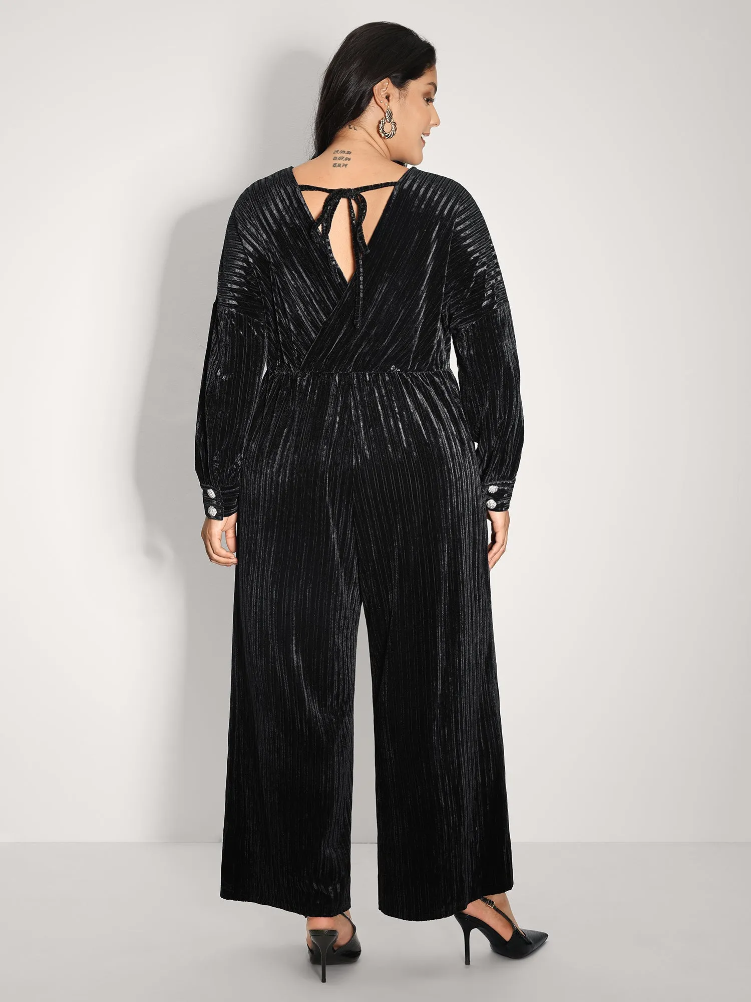Textured Velvet Sheer Back Pockets Jumpsuit sold by Bloomchic product image thumbnail 4