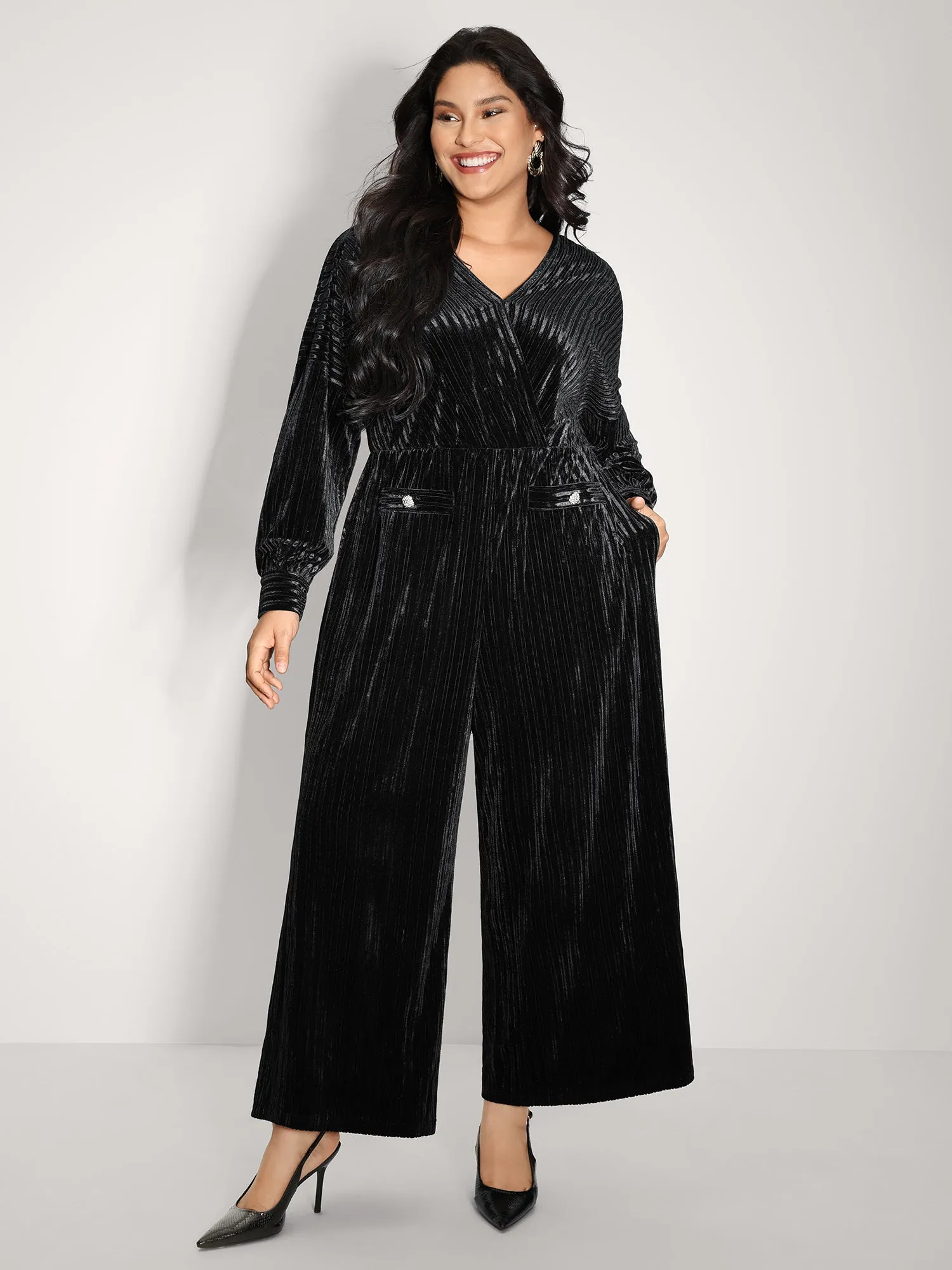 Textured Velvet Sheer Back Pockets Jumpsuit sold by Bloomchic