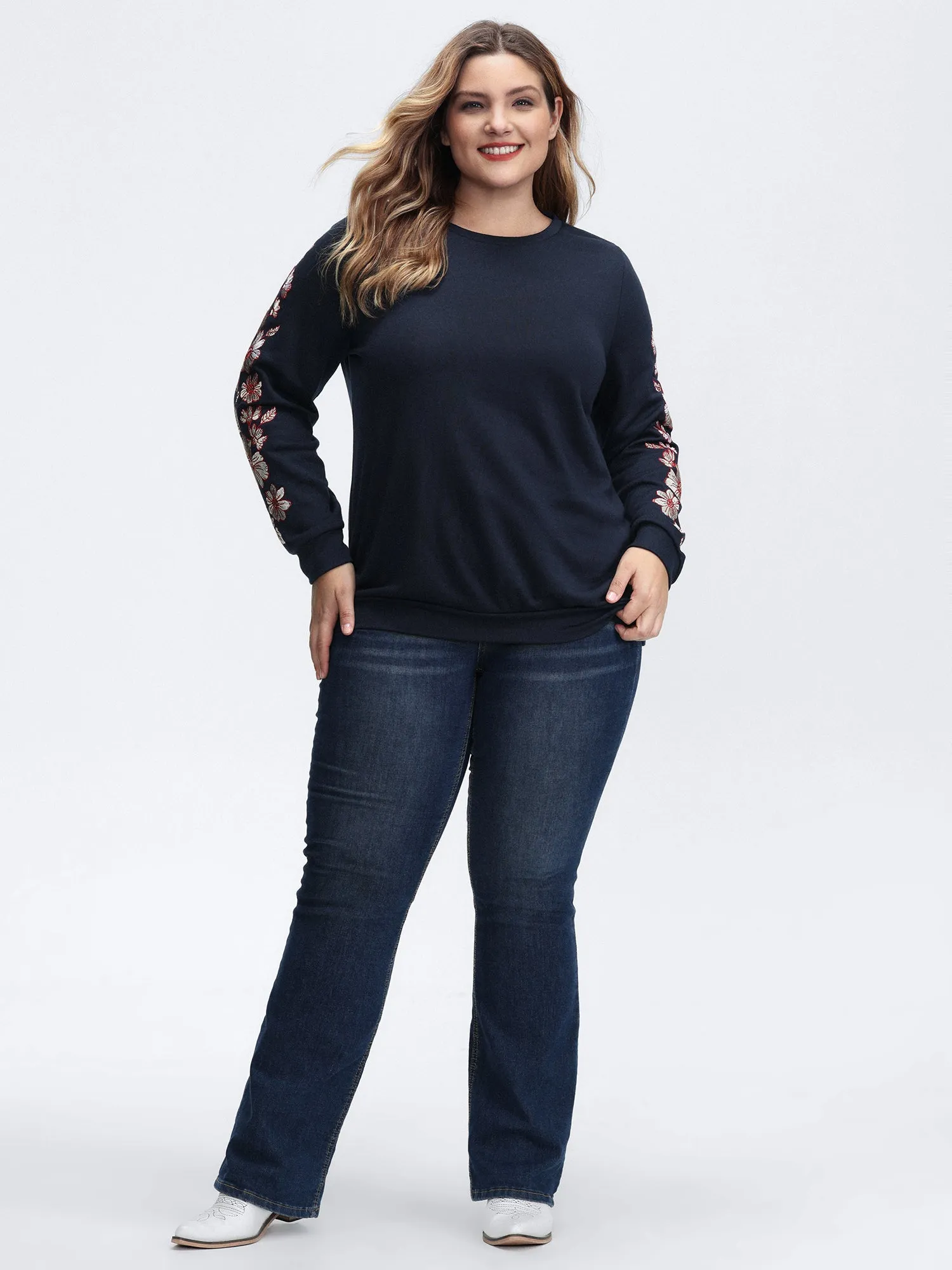 Embroidered Sleeve Relaxed-Fit Sweatshirt sold by Bloomchic product image thumbnail 3